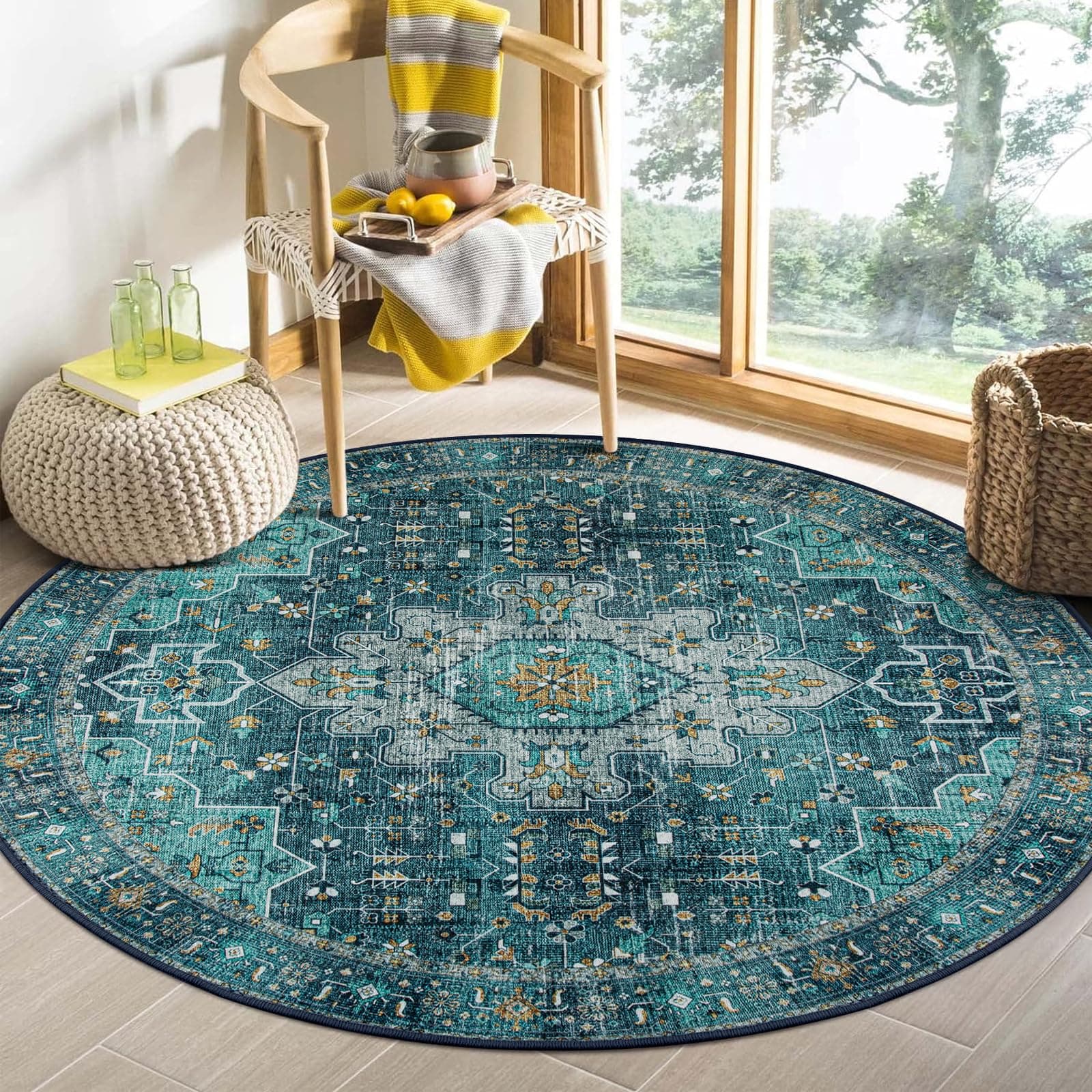 Moynesa Ultra-Thin Washable Round Rug - 4ft Oriental Circle Area Rugs for Bedroom Entryway, Teal Vintage Non Slip Non Shedding Low Pile Carpet for Living Room Coffee Table Kitchen