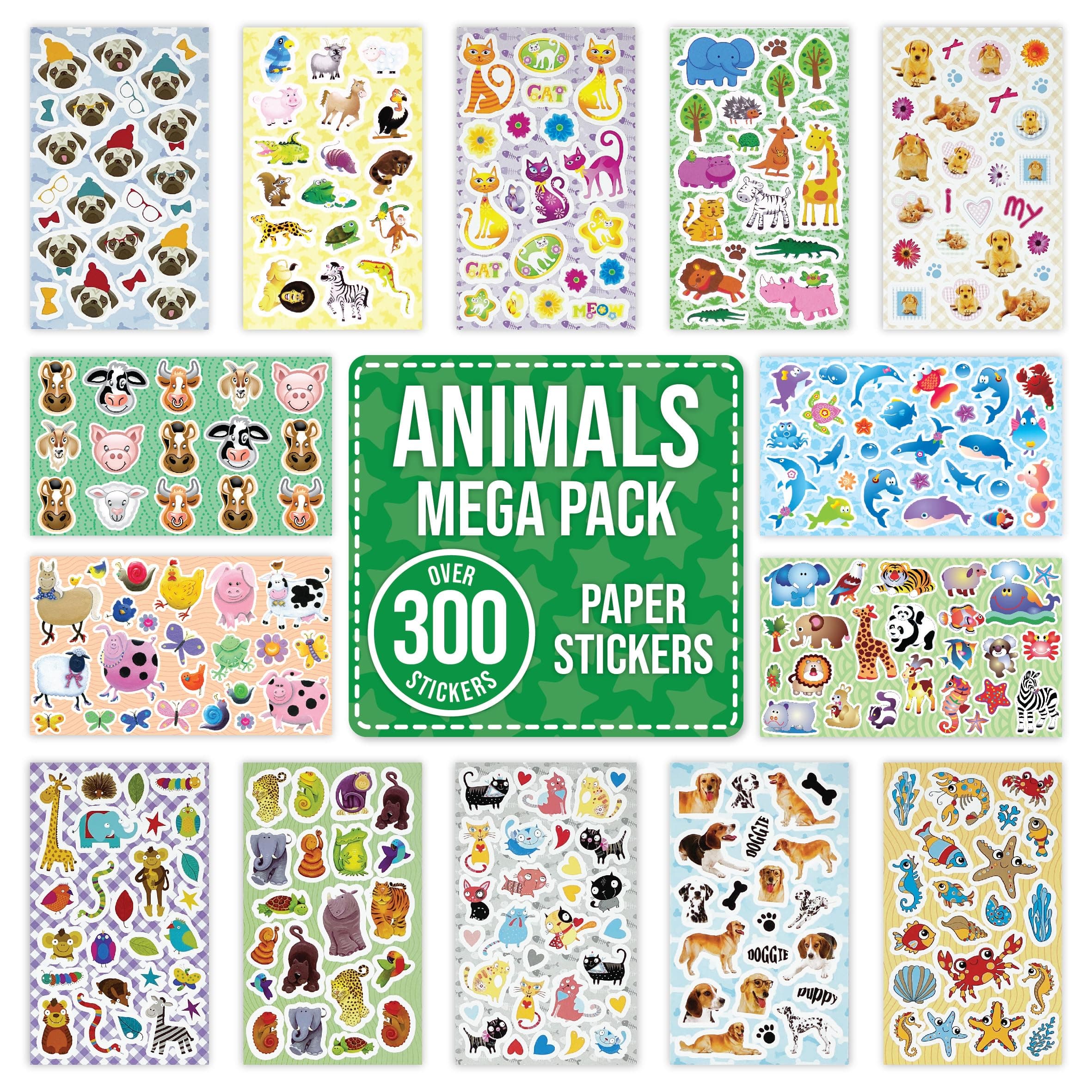 Animal Stickers for Children to Scrapbook, Craft, Decorate - Over 300 Self Adhesive Paper Stickers 14 Designs - Party Bag Fillers for Kids, Teacher Rewards - Dogs, Cats, Farm, Zoo, Rainforest