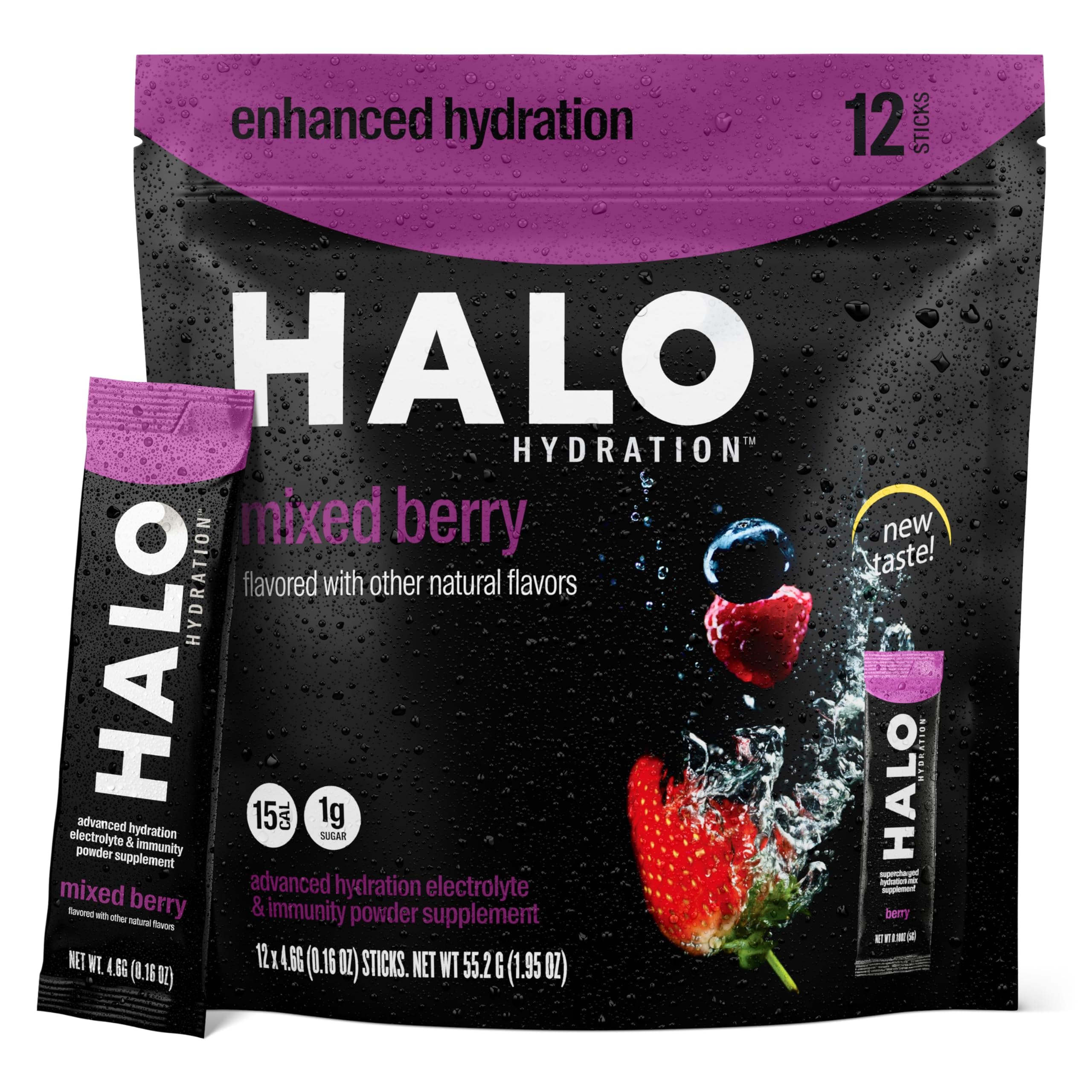 HALO Hydration - Electrolyte Drink Mix | Hydration Powder Packets | Berry Flavor – For Sports and Cycling | Easy Open Single Serving Stick | 12 Sticks