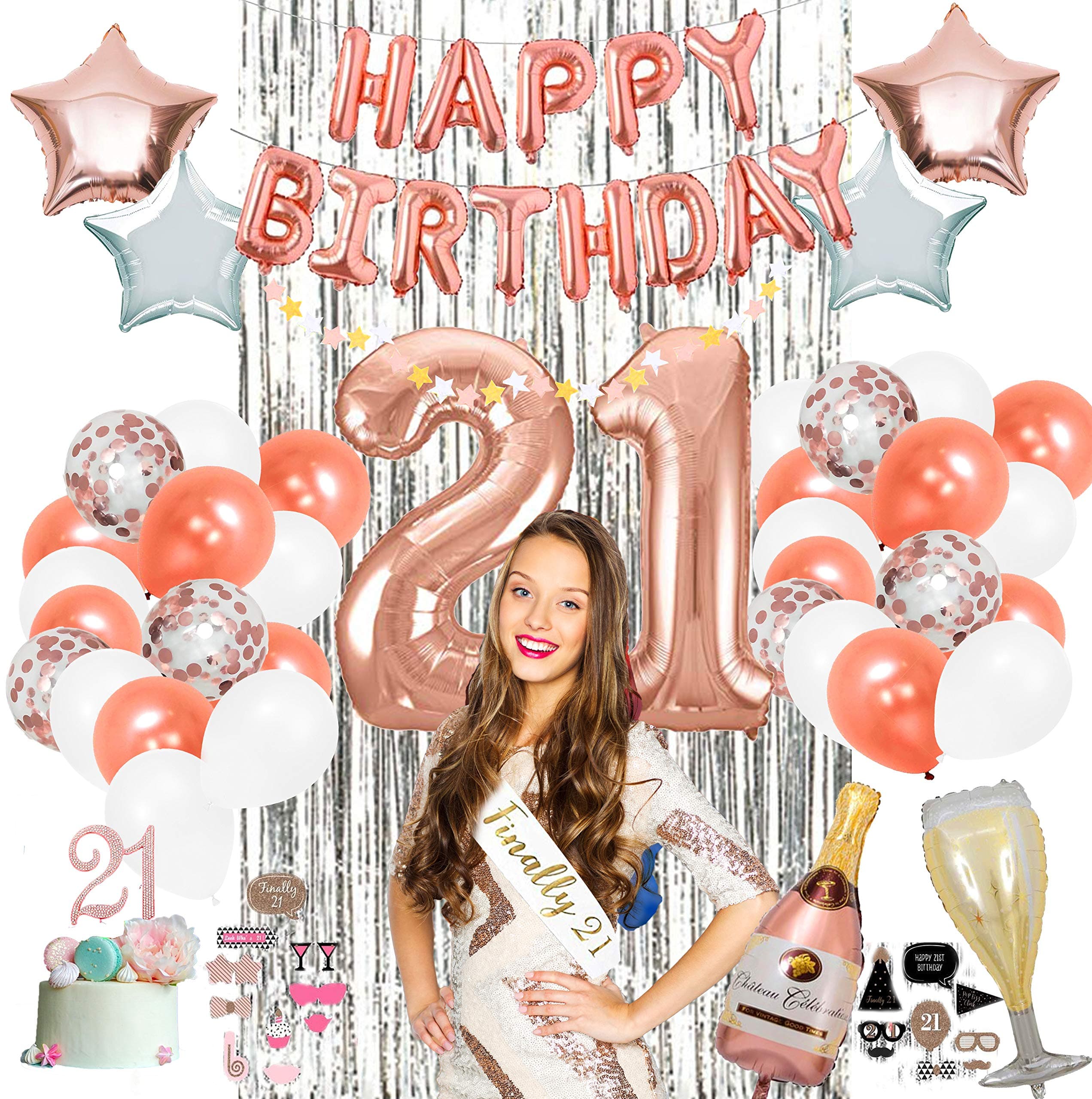 21st Party Supplies by Serene Selection, Rose Gold Birthday Decorations for Girls, Photo Booth Props, Silver Fringe Foil Curtain, Cake Topper, Happy Birthday Balloons, Sash