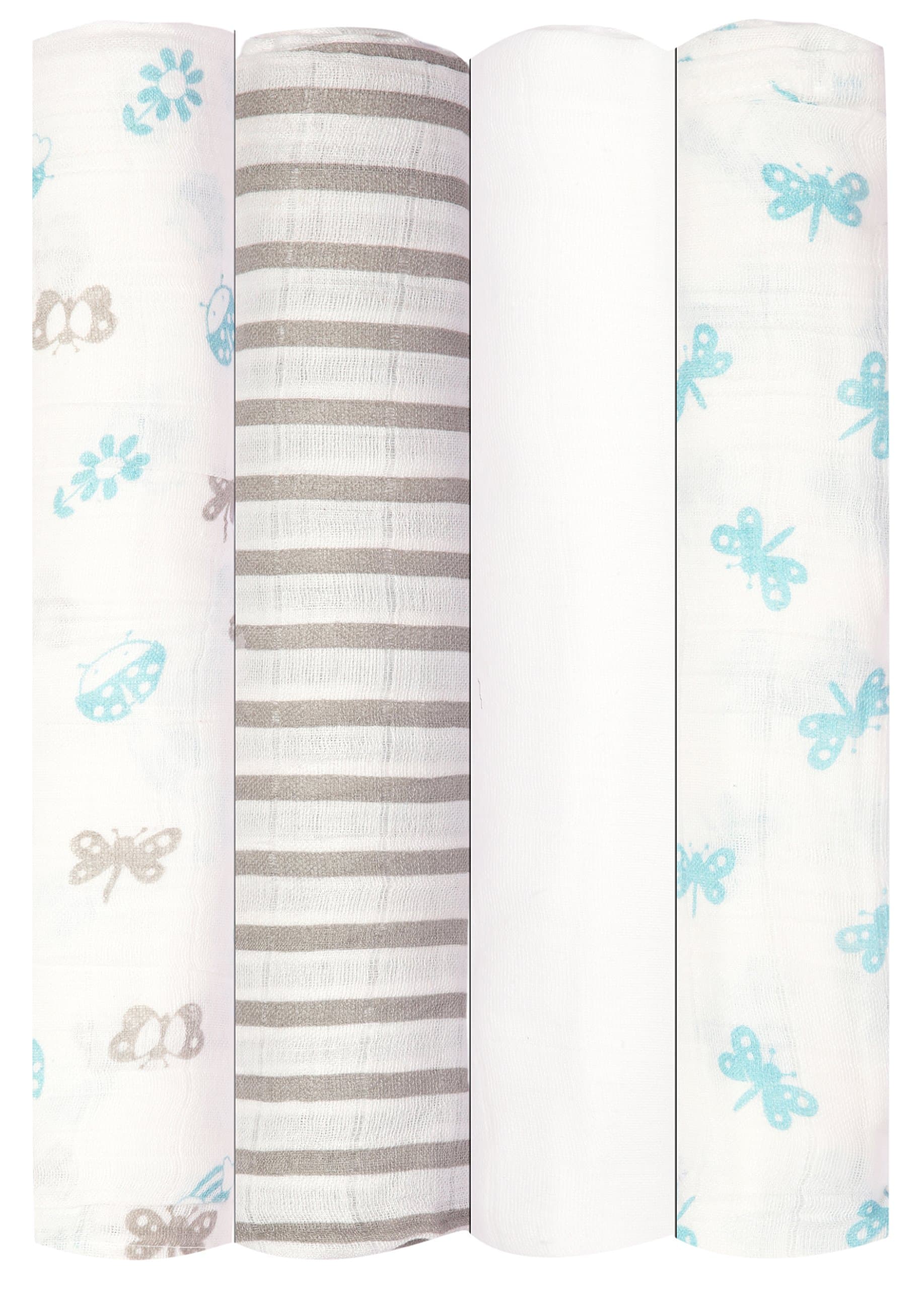 Babykin Organic Cotton Muslin Swaddle Blankets, Bug's Life (Blue), 4 Piece Pack