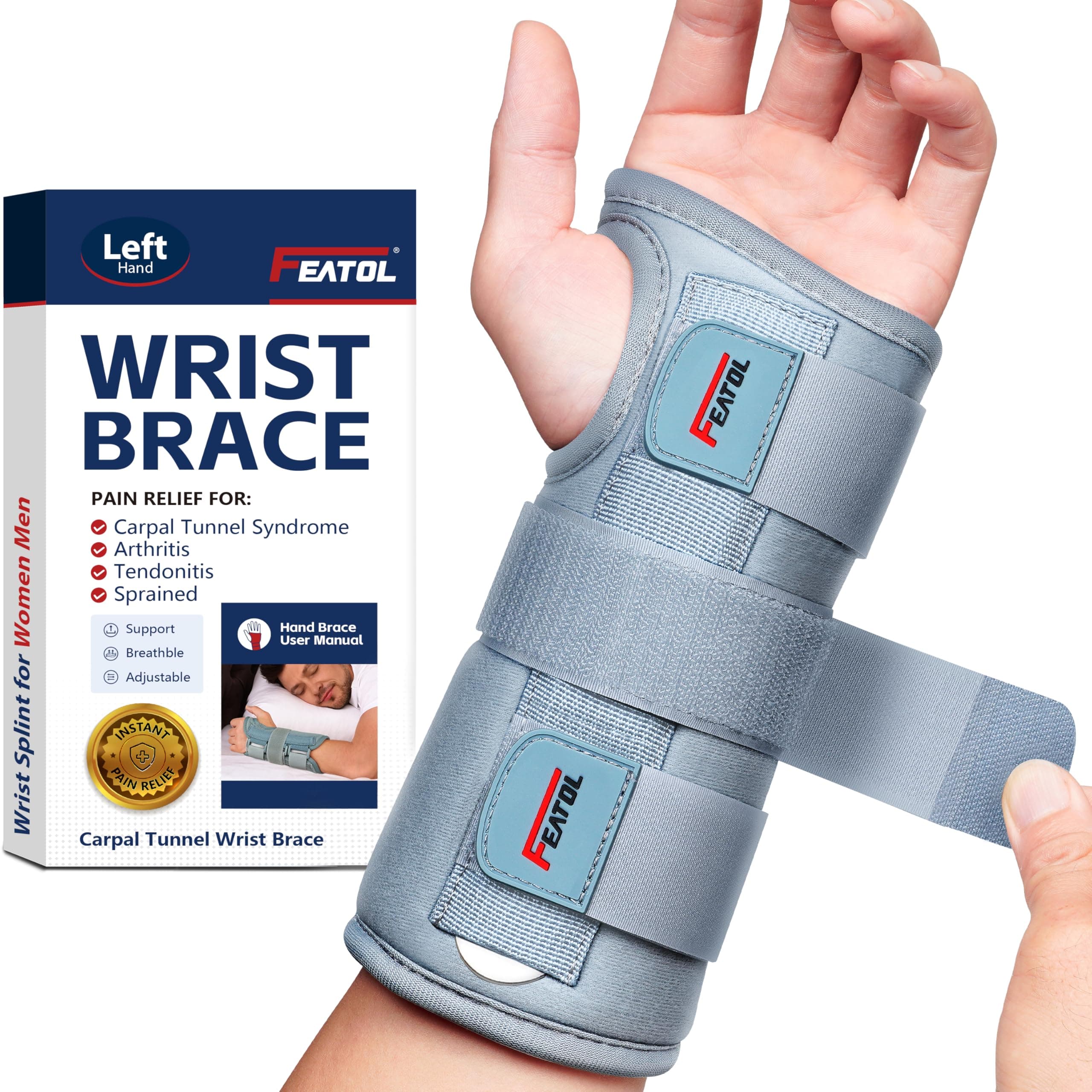 FEATOL Carpal Tunnel Wrist Brace Night Support- Pain Relief Tendonitis, Sprained，Arthritis, Carpal Tunnel Syndrome -Metal Splint Stabilizer With Hand Brace -FOR Sleeping Work Women Men -Left(S/M)