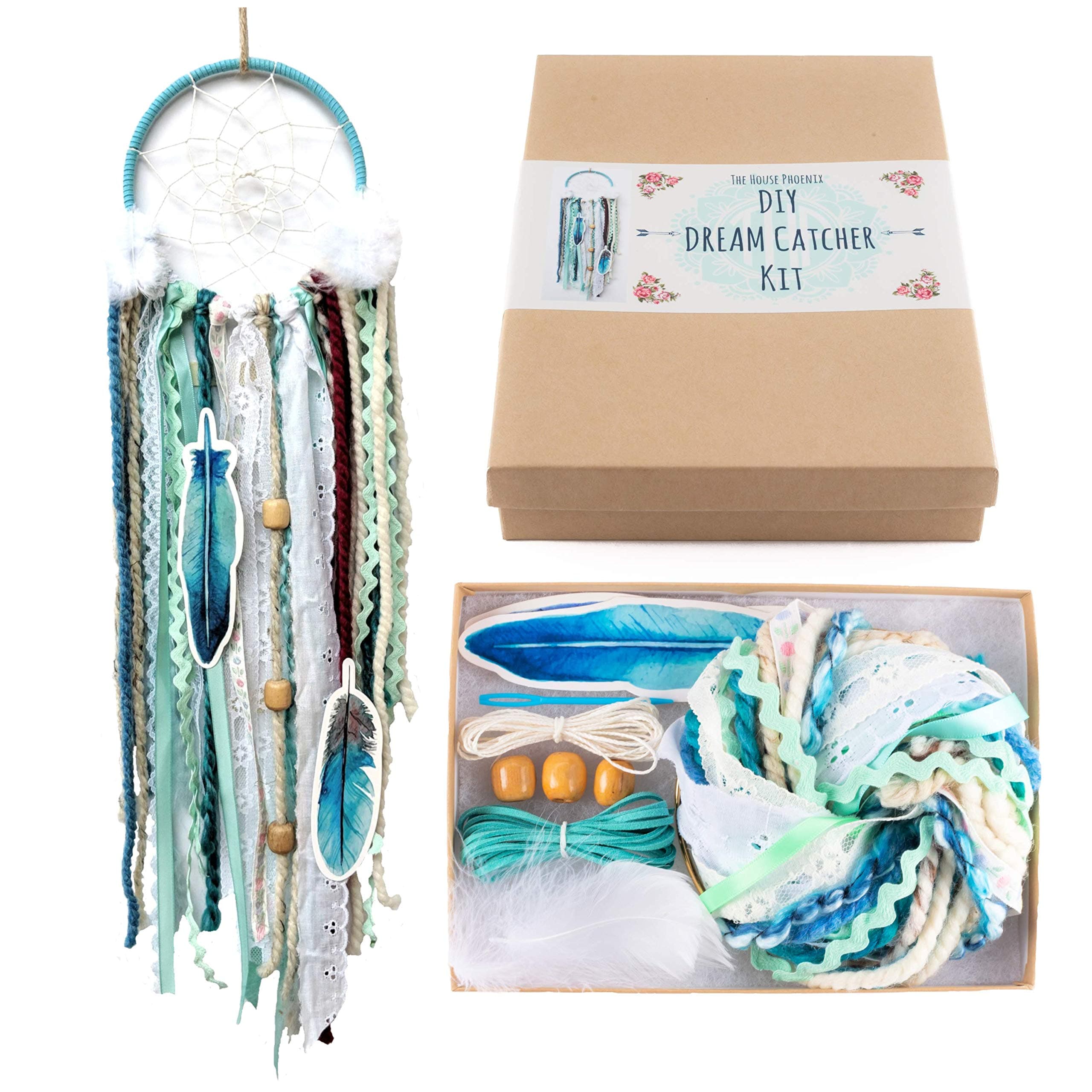 DIY Dream Catcher Craft Kit Project Gift Box Set Aqua Blue Boho Wall Hanging Stocking Stuffer Christmas Gift for Kids