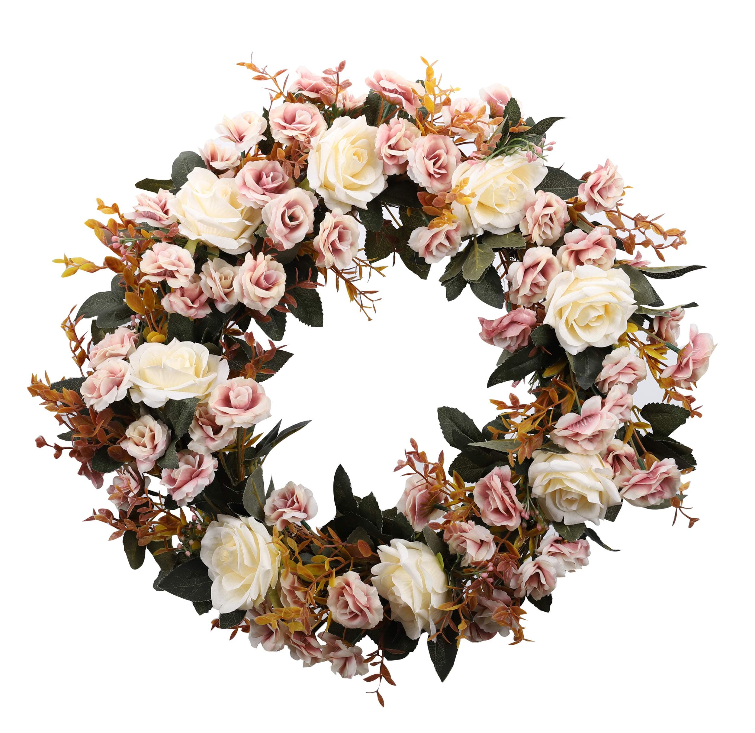 Duovlo Rose Floral Twig Wreath 19 Inch Handmade Artificial Flowers Garland Front Door Wreath (Champagne)