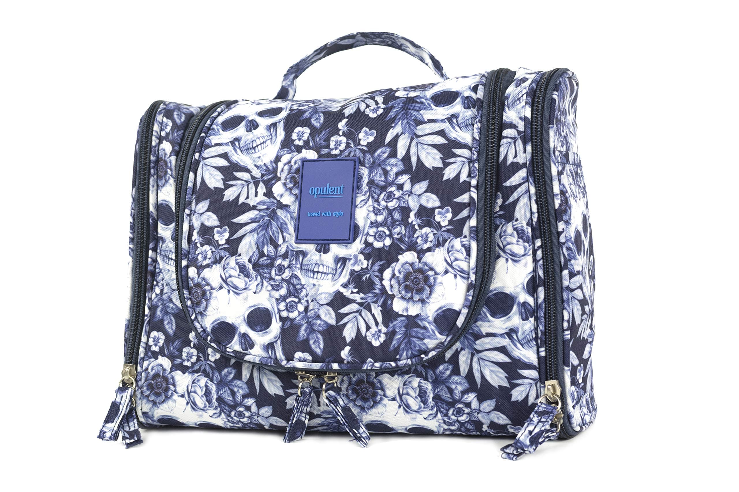Opulent Extra Large Toiletry Bag for Women, The Perfect wash Bag for Travel with a Strong Metal Hanging Hook, Multiple compartments, Showerproof and Limited Edition Blue Skull Bag