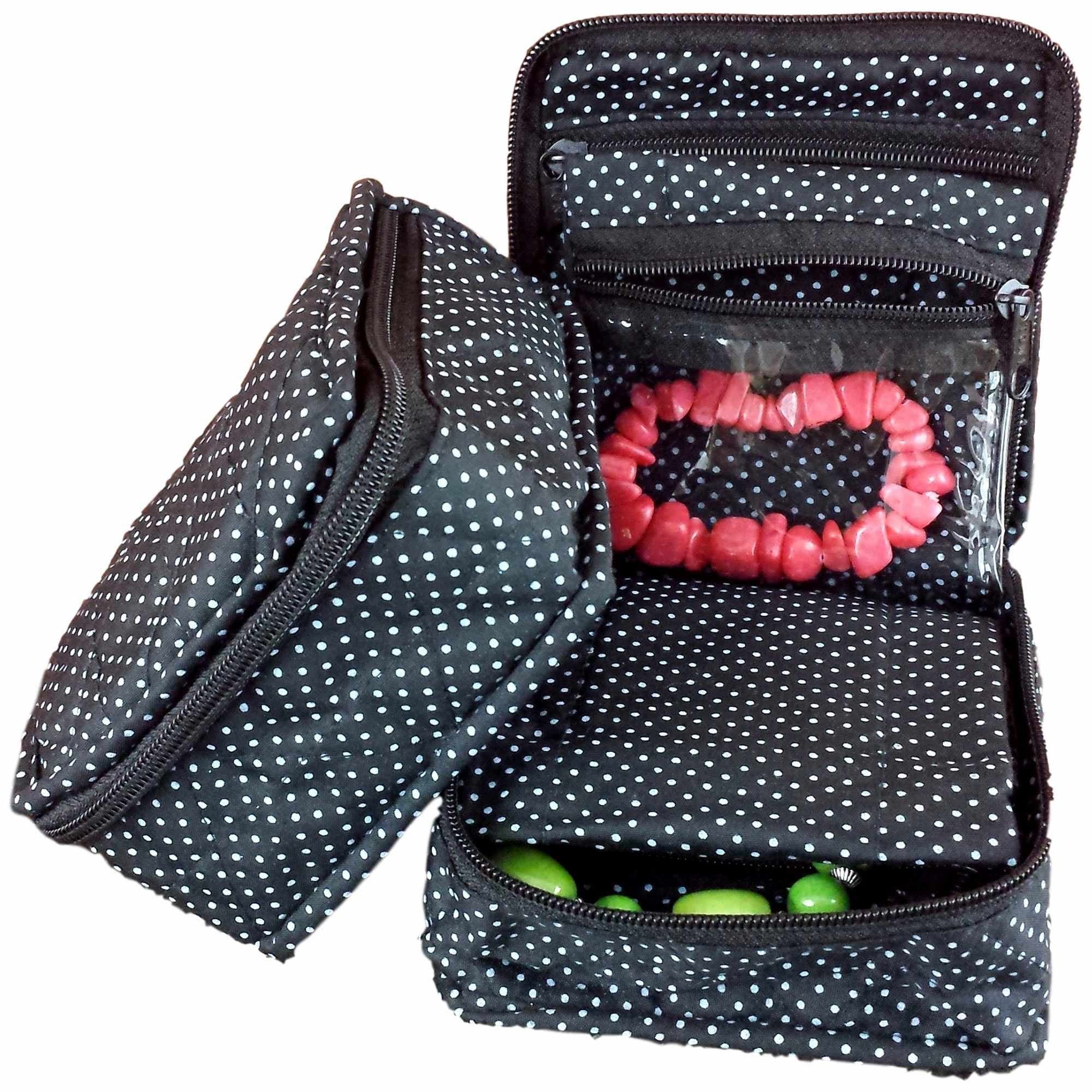 Handmade Quilted 100% Cotton Cosmetic Organizer Jewelry Bag Travel Pouch Small Polka Dot Black