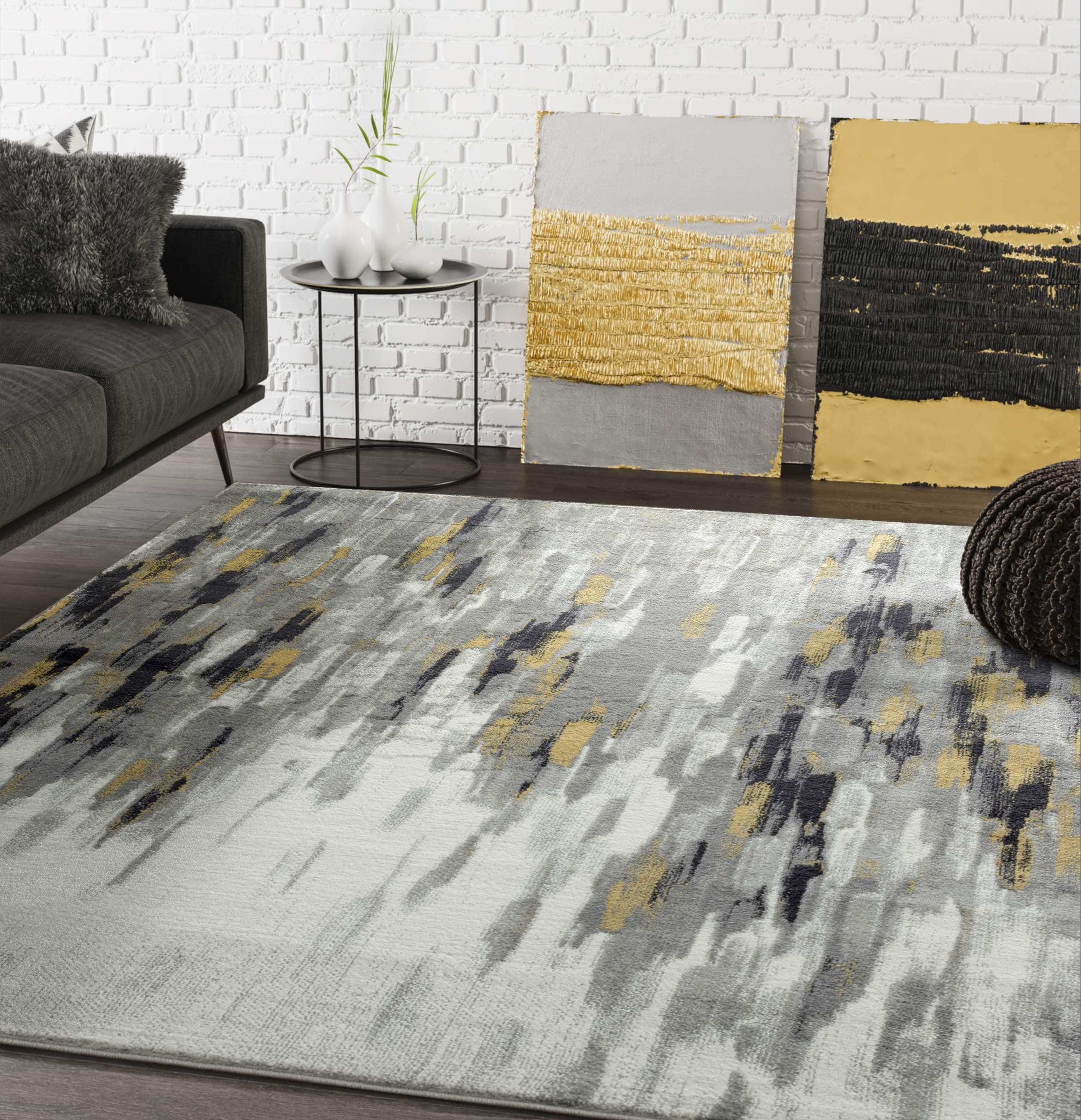 Abani Porto PRT140C Contemporary Grey and Yellow Abstract Area Rug 5'3"x7'6"