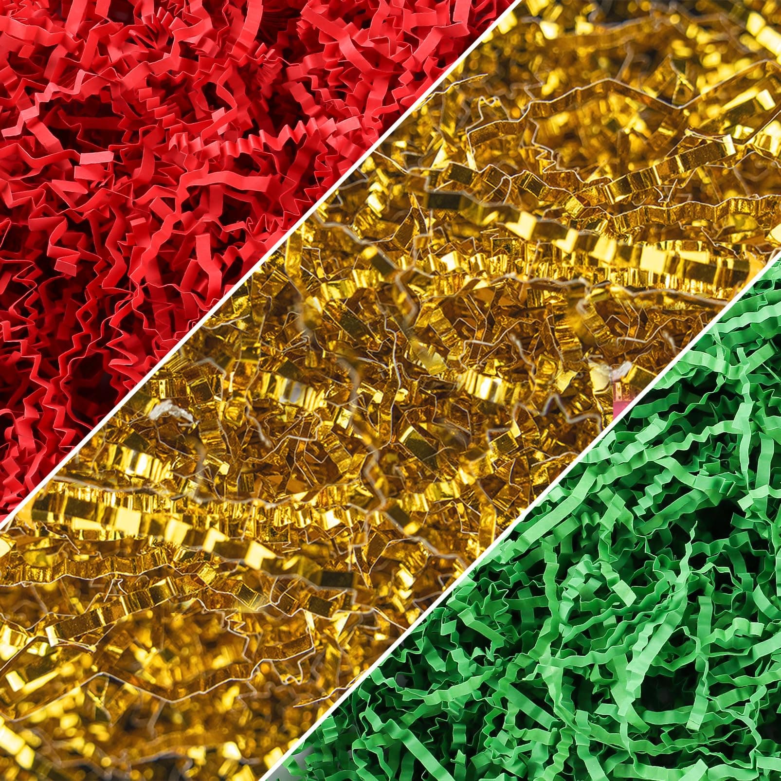 3 Colors Christmas Crinkle Cut Paper Shred, Xmas Red Green Gold Raffia Paper Sherd Filler Grass for Gift Wrapping Basket Filling Birthdays Weddings Party Supply（10.6oz）