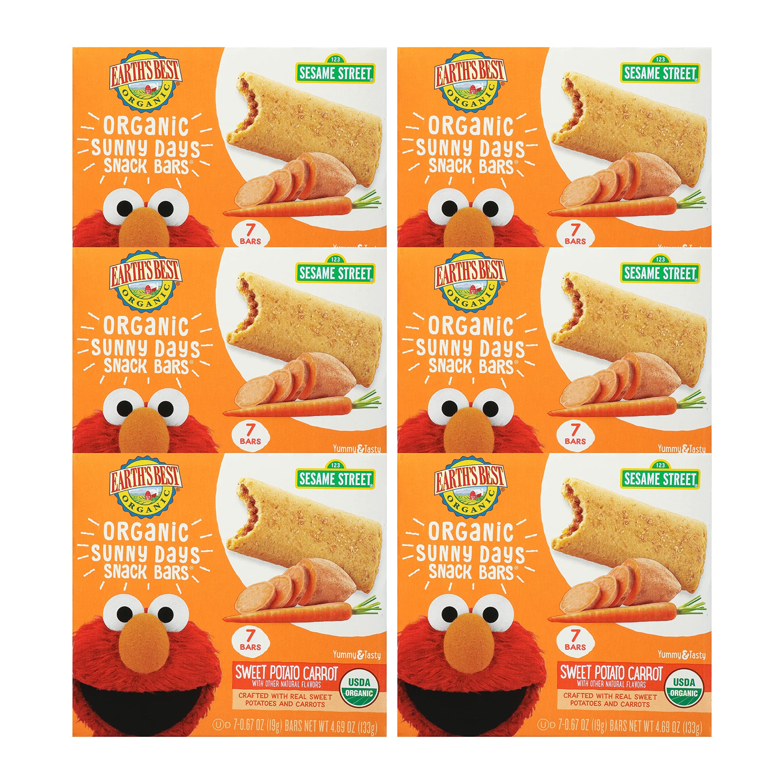 Organic Kids Snacks, Sesame Street Toddler Snacks, Organic Sunny Days Snack Bars for Toddlers 2 Years and Older, Sweet Potato and Carrot with Other Natural Flavors, 7 Bars per Box (Pack of 6)