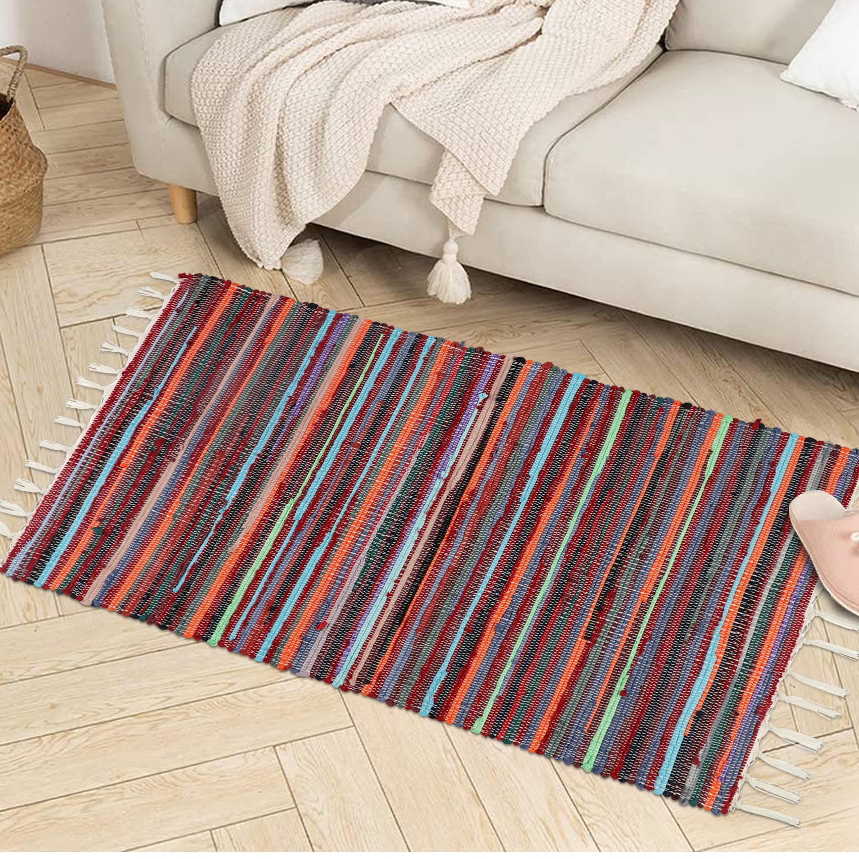 Famibay Cotton Chindi Rug Handmade Rag Rug Washable Area Rug Woven Multicoloured Rug with Tassel Bath Mat Water Absorbent Floor Mat for Bathroom Living Room Bedroom Kitchen Laundry Room(60x120cm,Red)