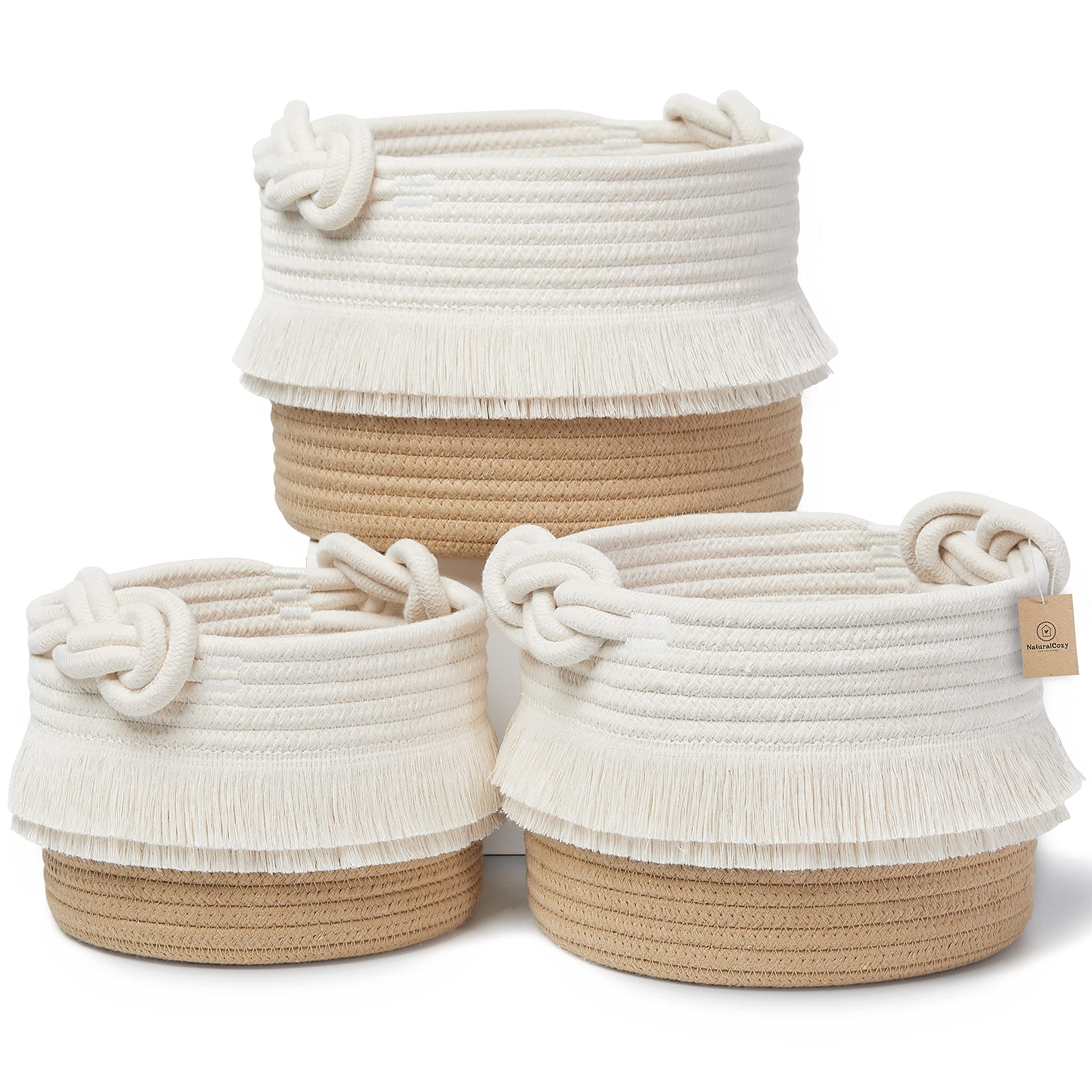 NaturalCozy 3-Piece Decorative Storage Basket Set – Cotton Rope Woven Baskets for Organizing! Small Basket for Nursery Baby Stuff, Gift Basket, Montessori, Dog Toy Bin, Cat Basket, Bathroom Shelves