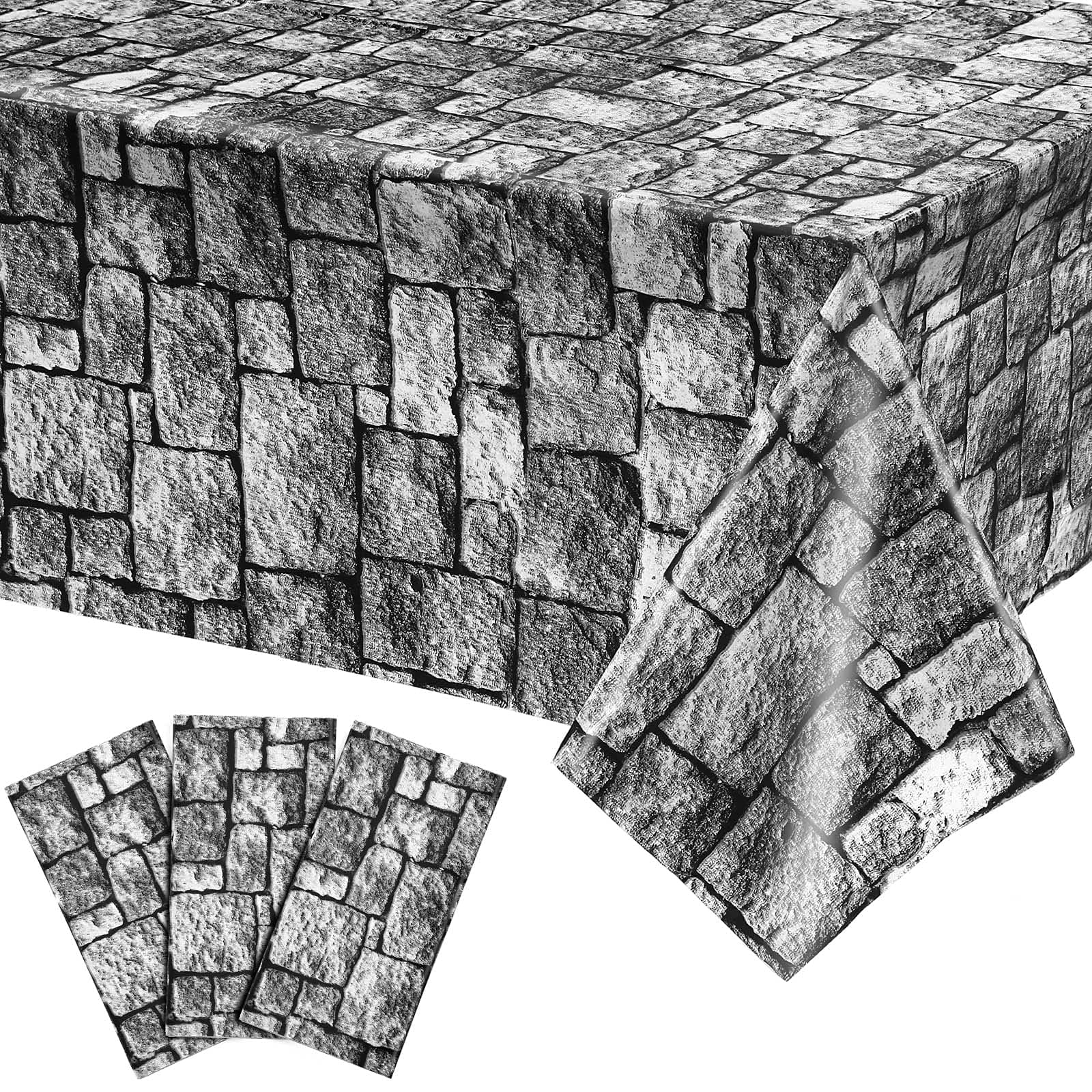 Irenare Halloween Stone Wall Tablecloths, Medieval Castle Party Decorations Supplies Disposable Plastic Brick Stone Tablecloth Brick Wall Table Covers for Birthday Party Favors(3 Pack)