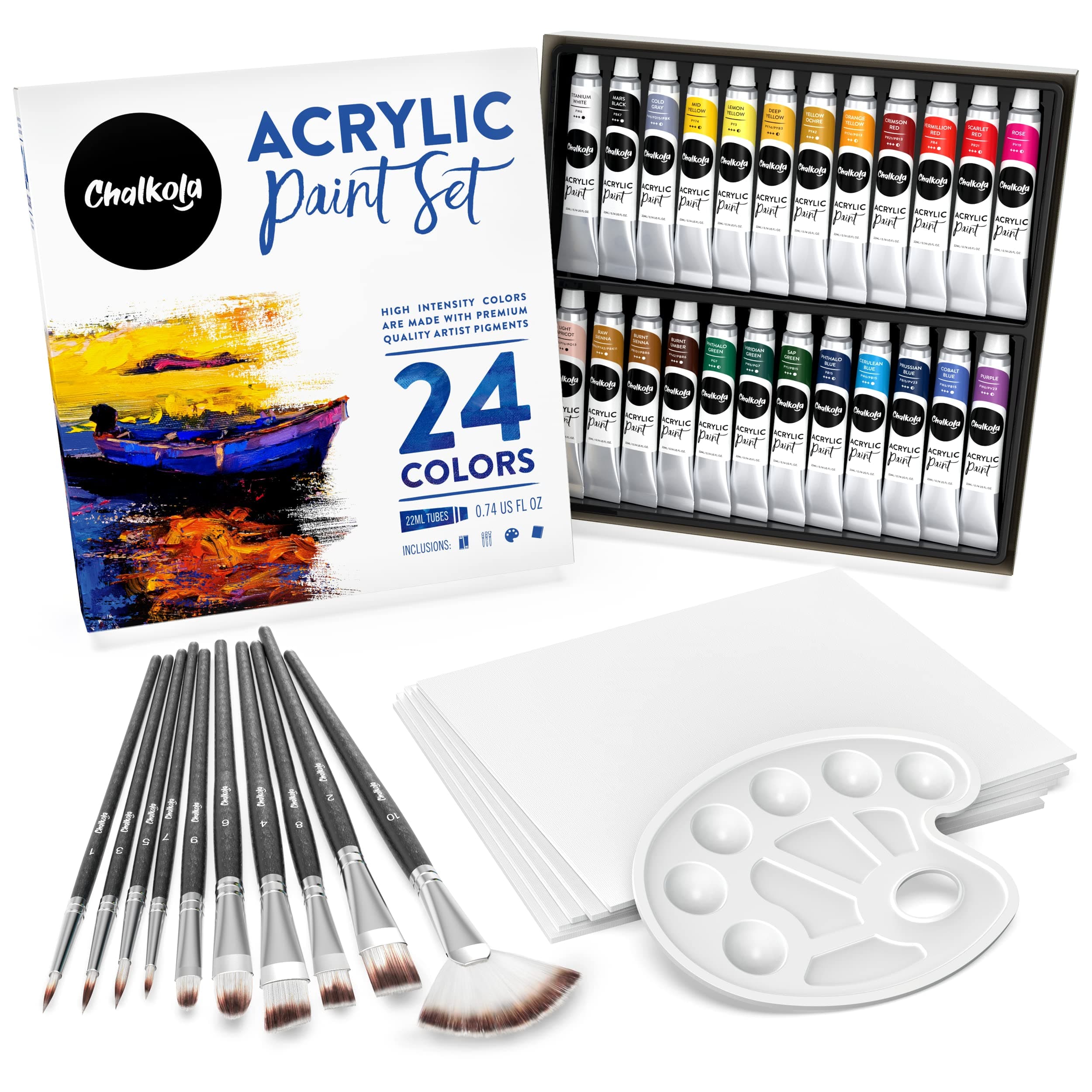 Chalkola 40 Acrylic Paint Set for Adults & Kids with 24 Acrylic Paints (22ml), 10 Painting Brushes, 5 Canvas for Acrylic Painting (8x10) & 1 Palette