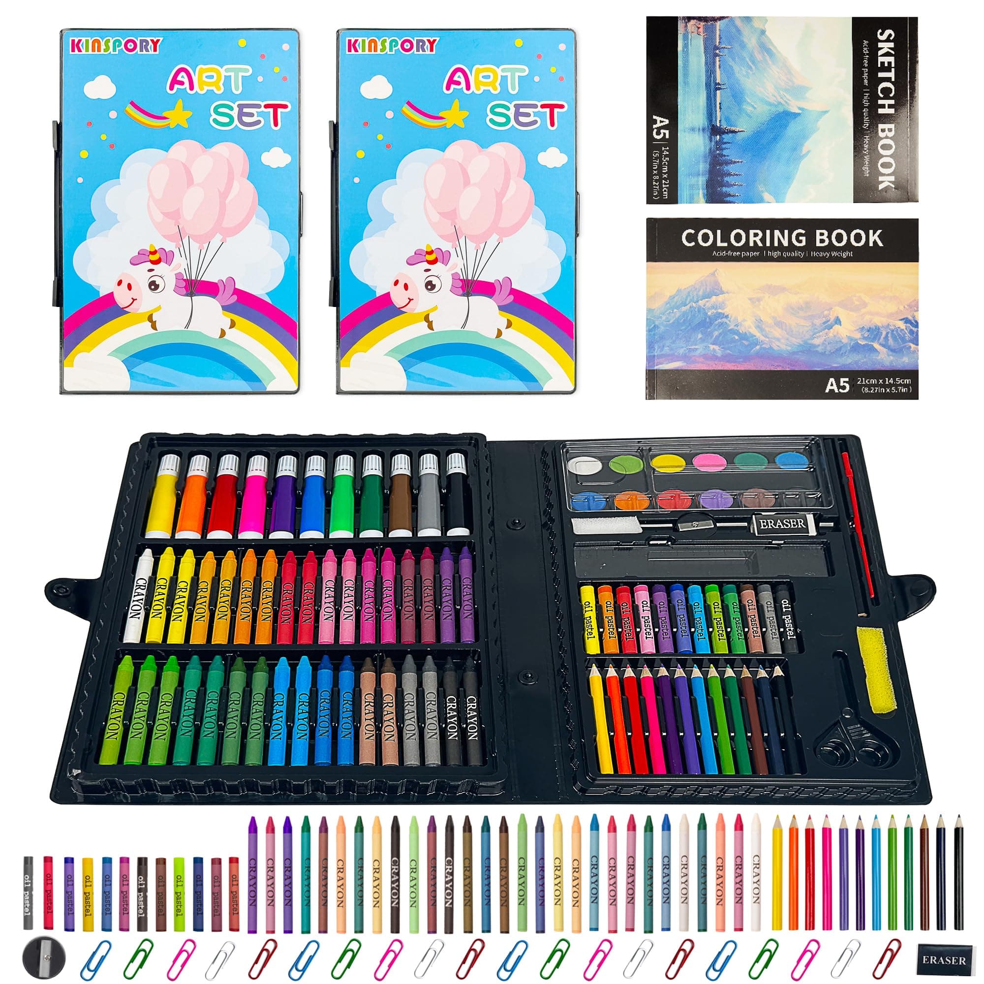 KINSPORY 108 PCS Art Set for Kids (Pack of 2), Drawing Kit Painting Art Kits Gifts Box with Colour Pencils, Oil Pastels, Crayons (Light Blue)