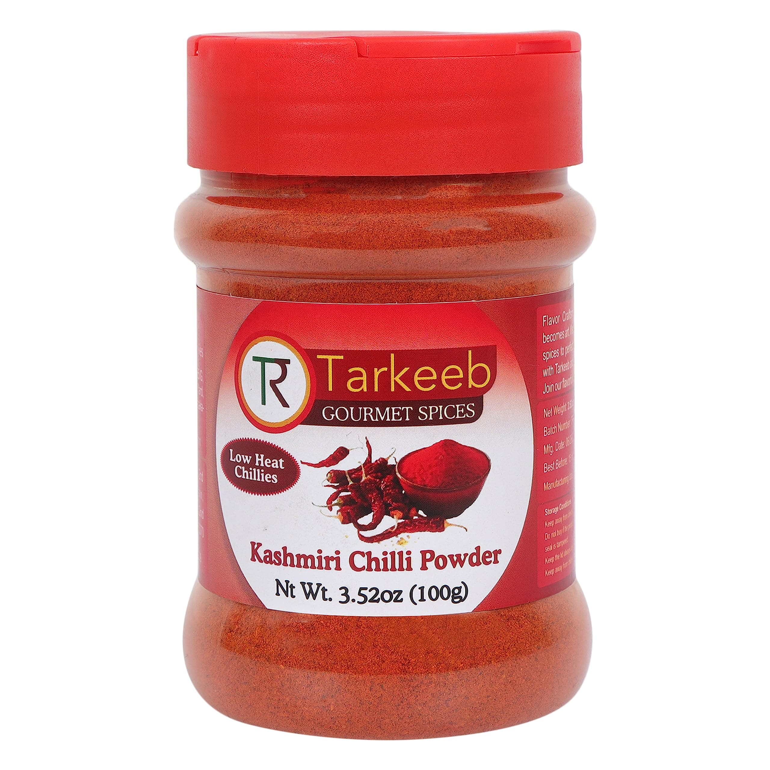 Tarkeeb Chili Cashmere Powder (Deggi Mirch, Low Heat) 3.52 Oz (100g) Pet Jar With Shaker Lid | Authentic Indian Spice | All Natural | Salt Free | Vegan | Gluten Free | Origin In