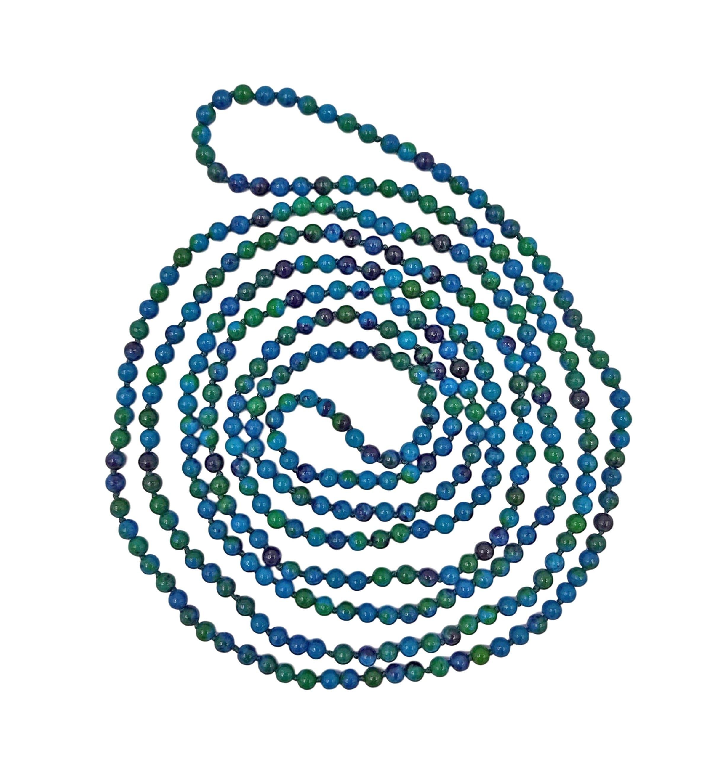 MGR MY GEMS ROCK! 4MM Petite Natural Polished Azurite Beaded Light Weight Endless Infinity Long Necklace, approx. 70-Inch Long polished chinese azurite