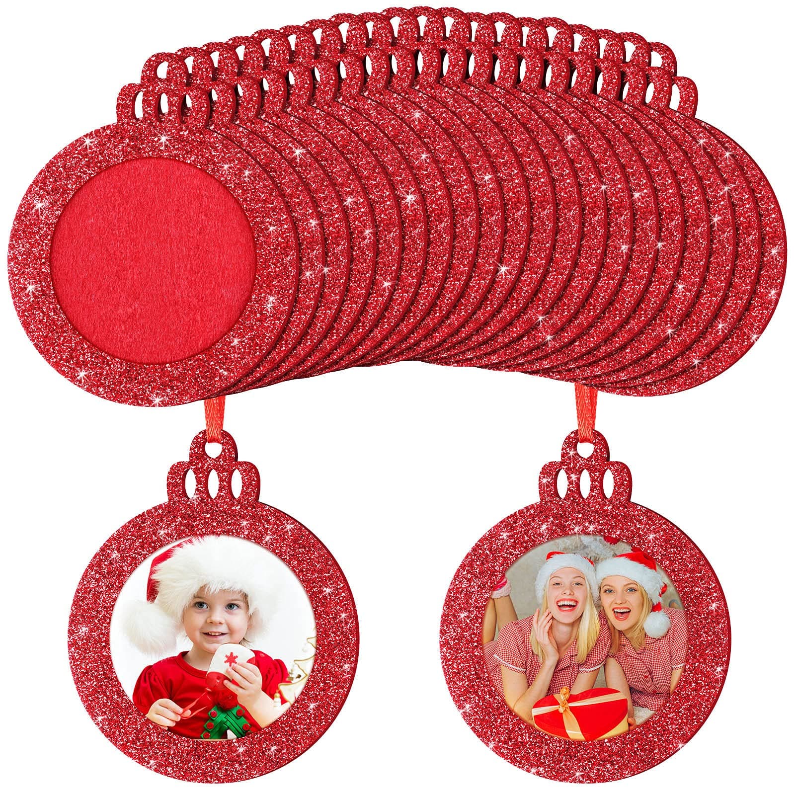 Jetec20 Pcs Christmas Ball Picture Ornament Felt Christmas Photo Frame Ornaments Glitter Mini Hanging Photo Frame Holiday Picture Frame for Christmas Tree Stockings Decorations Presents(Red)