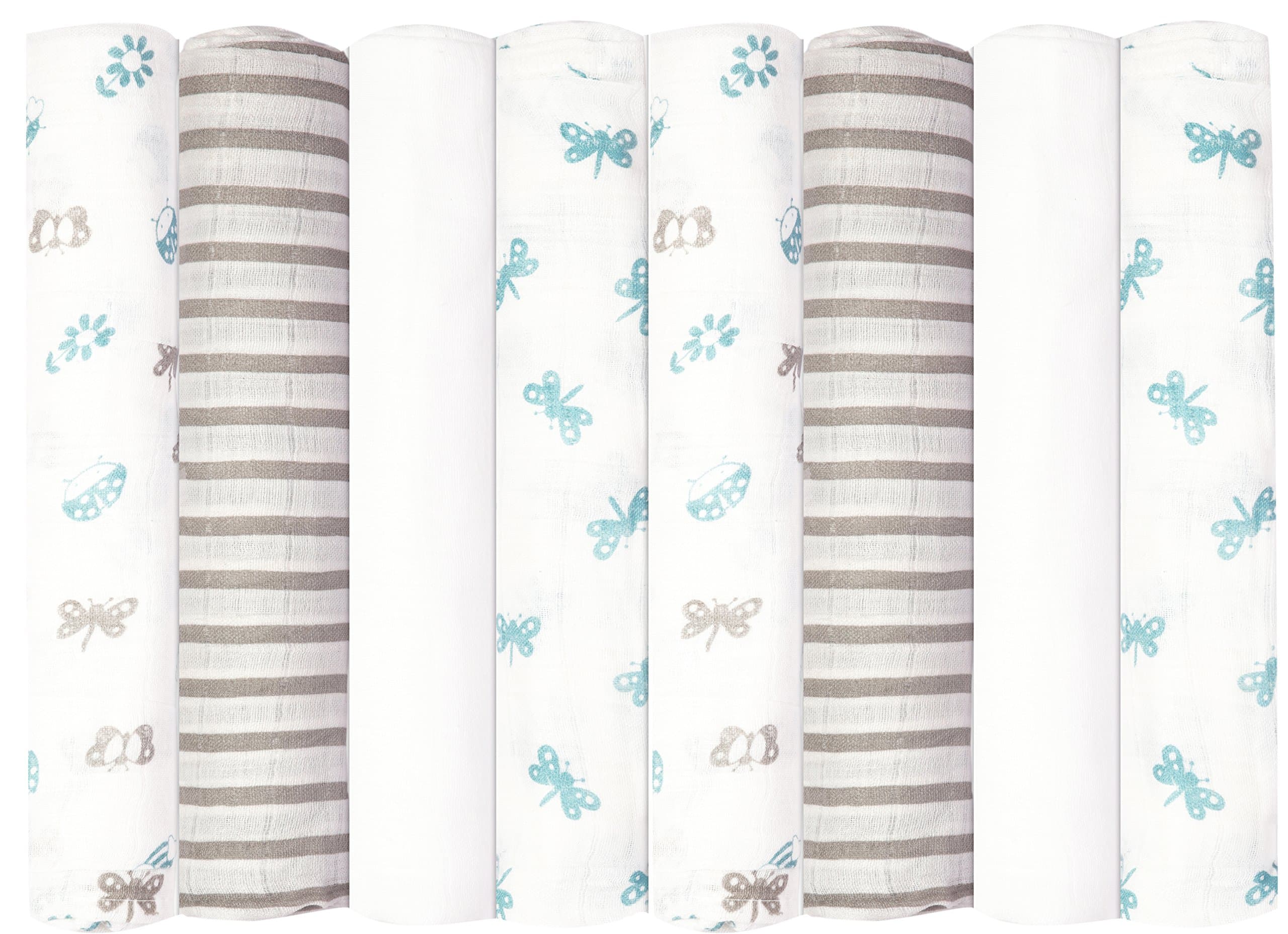 Babykin Organic Cotton Muslin Swaddle Blankets, Bug's Life (Blue), 8 Piece Pack