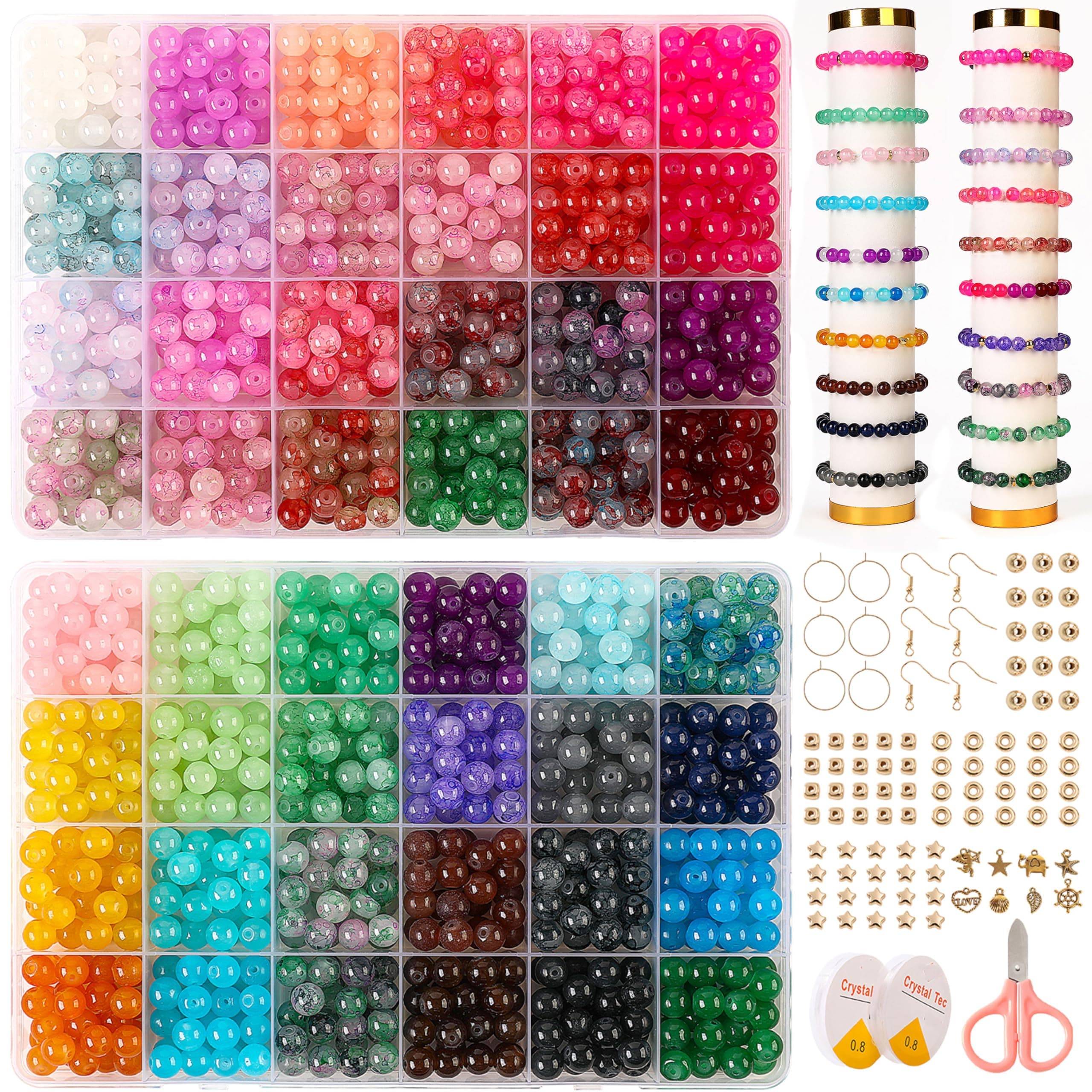 Glass Beads for Jewelry Making, 1300pcs + 8mm 48 Colors Round Crystal Glass Beads Bracelet Making Kit, Bead Starter Kit for Birthday Holiday Art Crafts Gifts