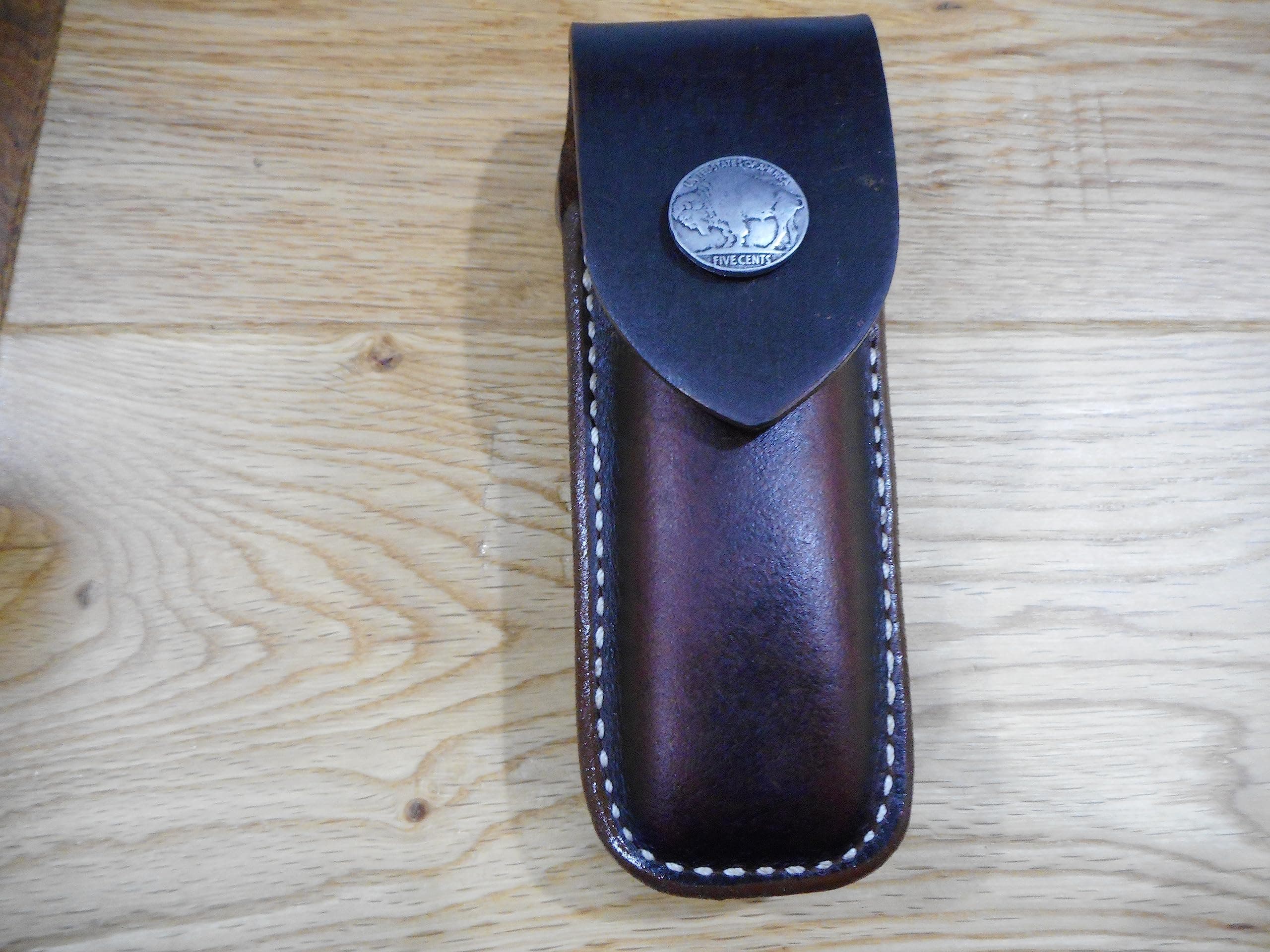 Leather Brown 5" knife sheath.Buffalo nickel snap - fits Buck 110