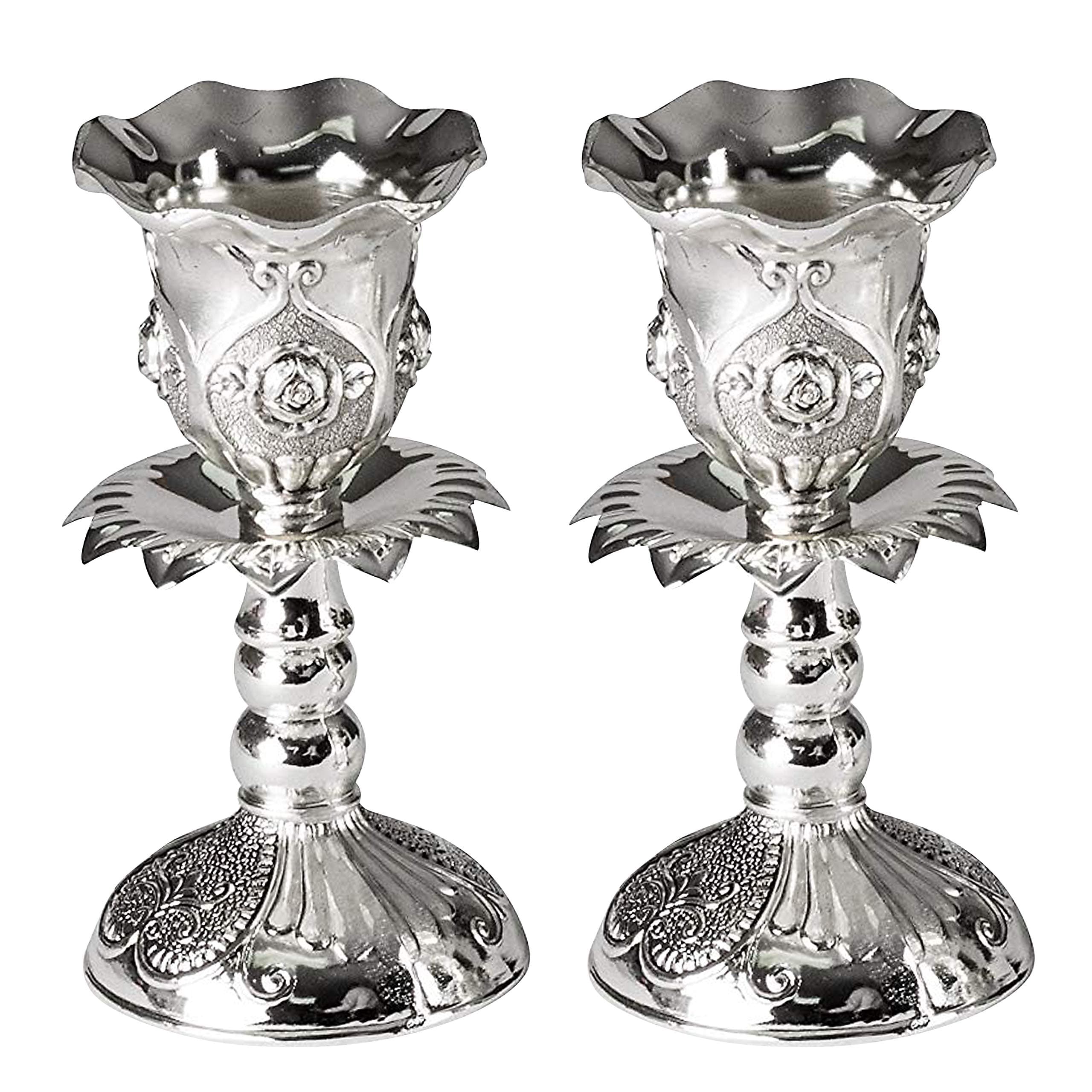 Silver Plated Candlesticks, Pair of 4 Inch Ornate Candle Holders with Round Base and Floral Design (Pack of 2)