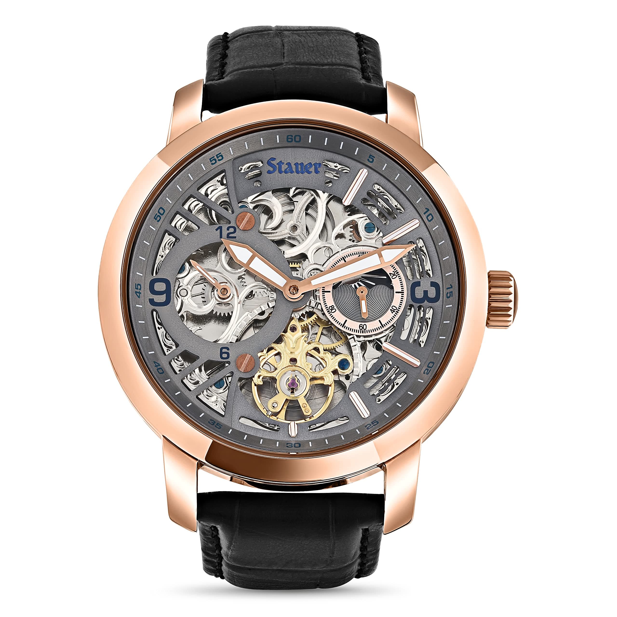 X Ray Automatic Watch for Men – Transparent-Faced Skeleton & Rose Gold-Finished Watch Case – Black Crocodile-Embossed Leather Watch Band