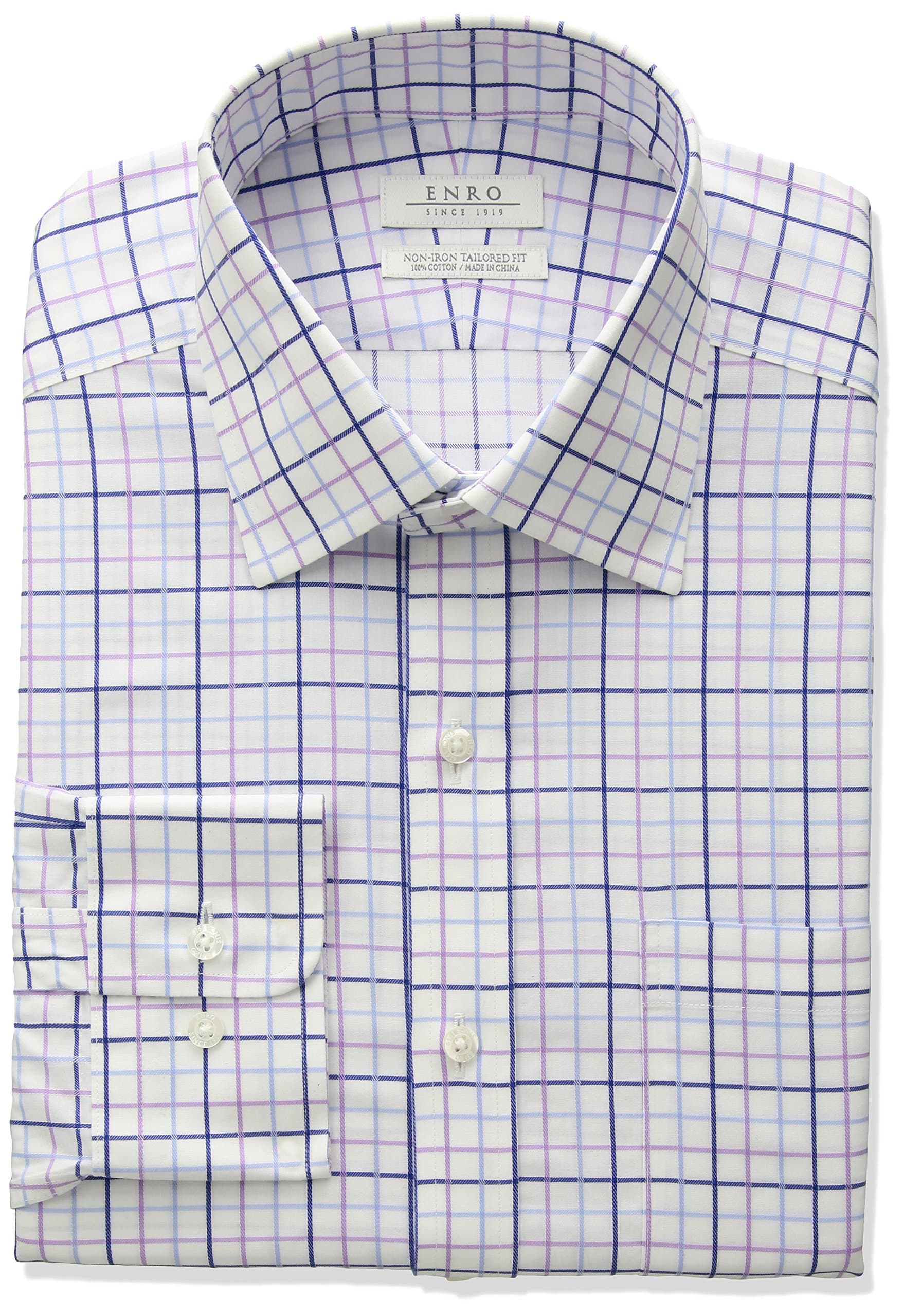 Enro Men's Tailored Fit Non-Iron Cotton Windowpane Dress Shirt