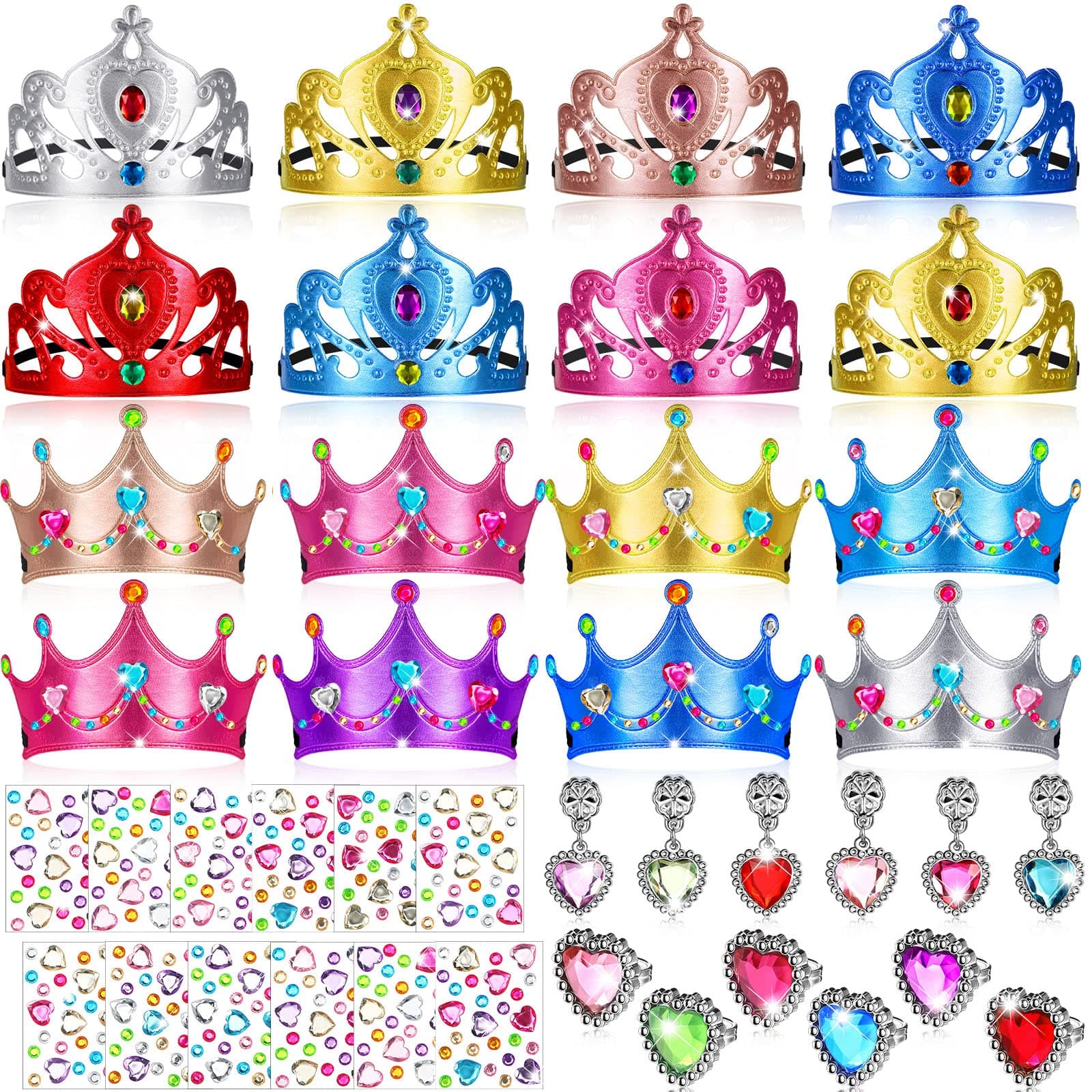 36 Pieces Foam Crowns for Kids Princess Tiaras Crowns Bulk Jewelry Toys DIY Crystal Diamond Sticker King Crown Kids' Party Earring Ring Princess Dress up Birthday Party Favors Supplies
