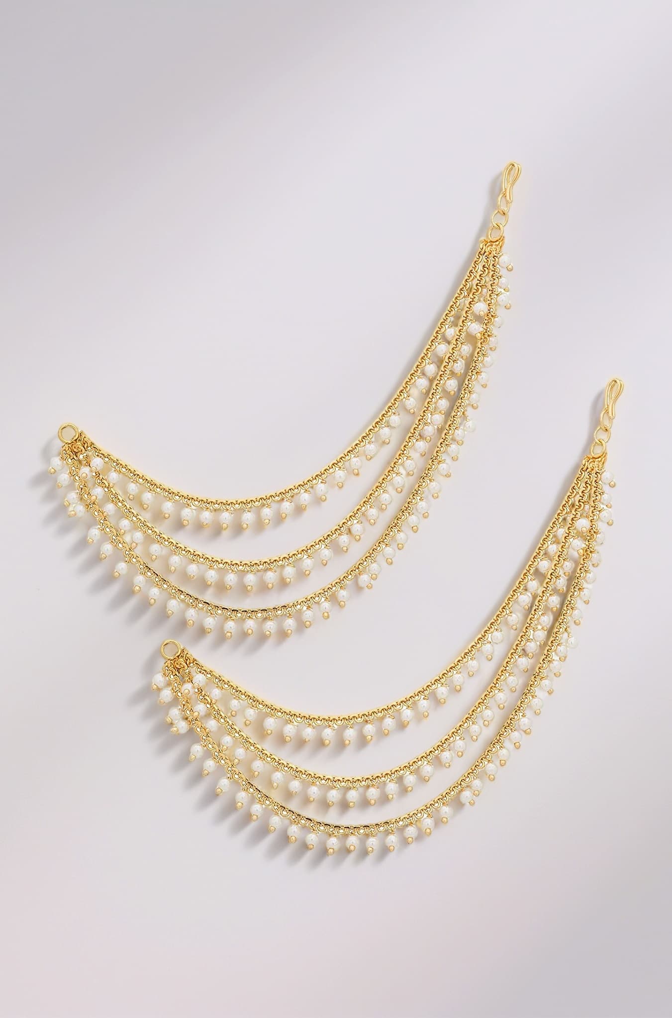 Brass copper Gold kanchain 3 layer long bridal wedding ear kan chain Champaswaralu earchains Ear Chains for Hair Jhumka Jhumki kanoti moti pearl Traditional Earrings for women girls Golden-M020