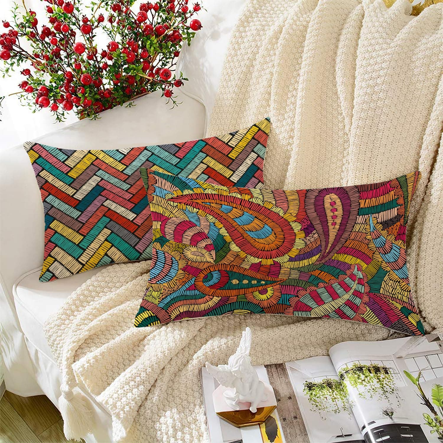 STITCHNEST Set of 2 Polycotton Cushion Covers – 12x18 Inches – Multicolor Boho Embroidery-Style Prints – Artistic & Eclectic Sofa Cushion Covers for Living Room & Living Room | Perfect for Home Decor