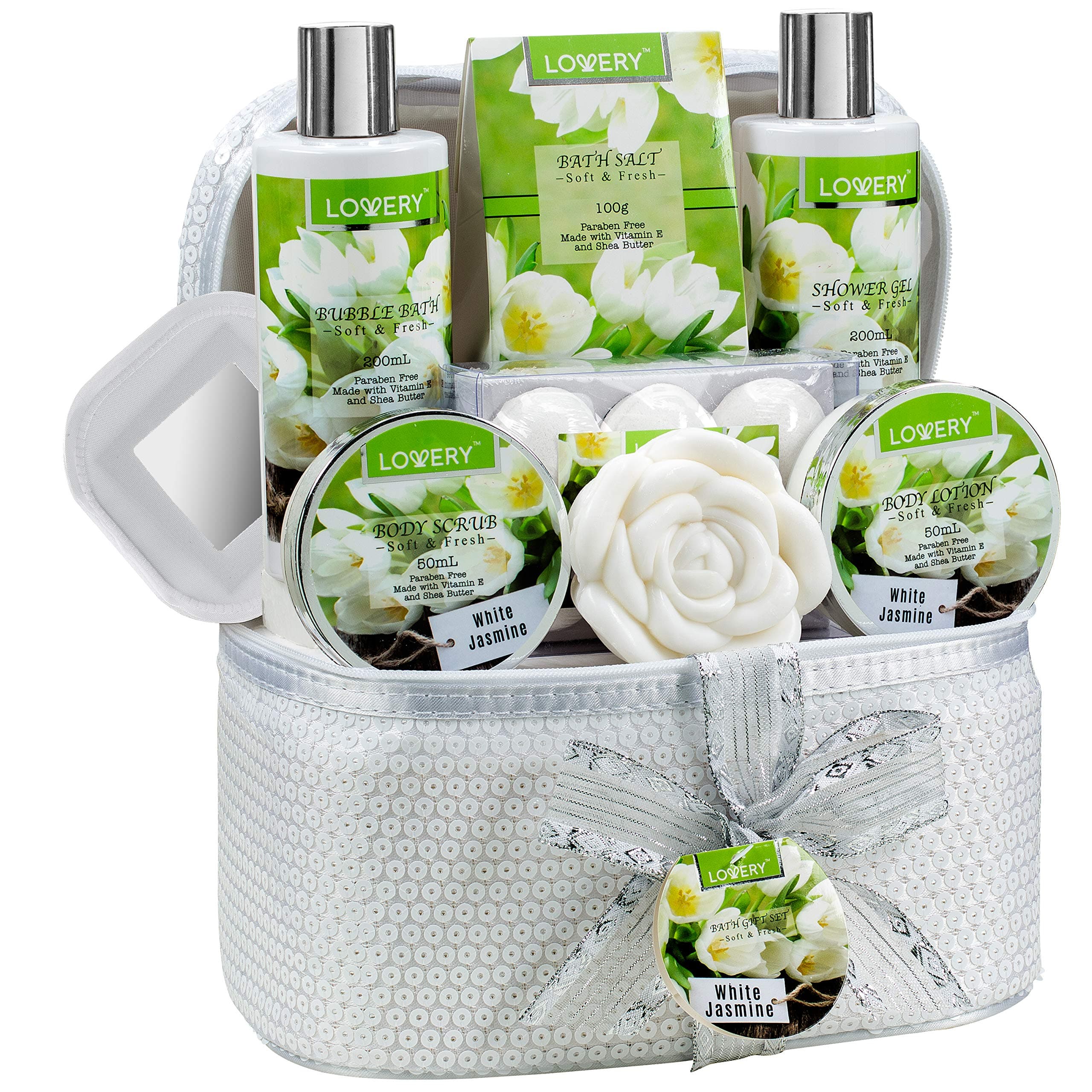 Bath and Body Gift Basket For Women & Men, 14 Piece Set in White Jasmine Scent - Home Spa Set with 6 Bath Bombs, Body Lotion, Rose Soaps, Hand Crafted White Sequined Cosmetics Bag and More