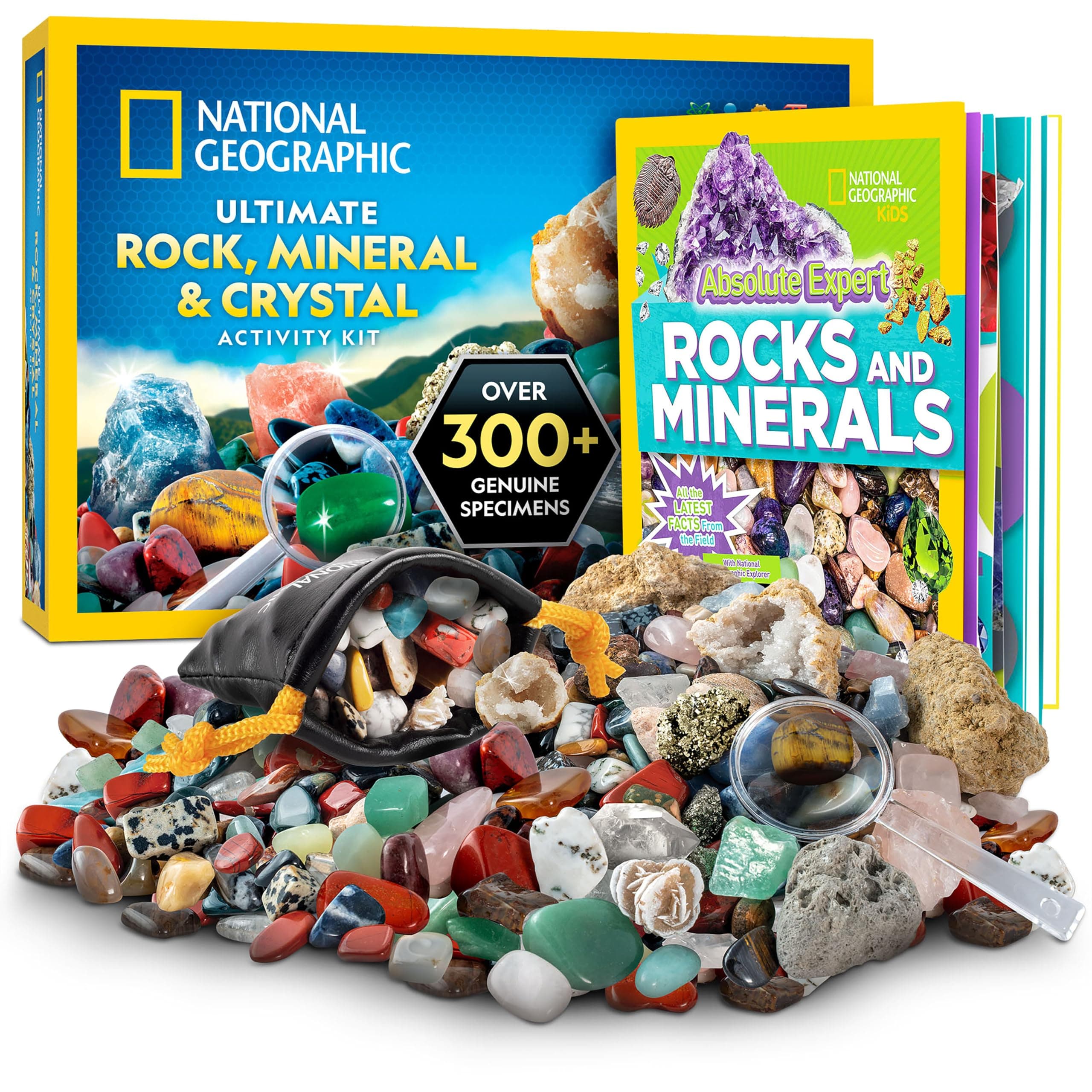 National Geographic Rock Collection Box for Kids – 300 Piece Rock Set with Real Gemstones, Crystals & Minerals - Includes Absolute Expert: Rocks & Minerals Full-Color Book (Amazon Exclusive)