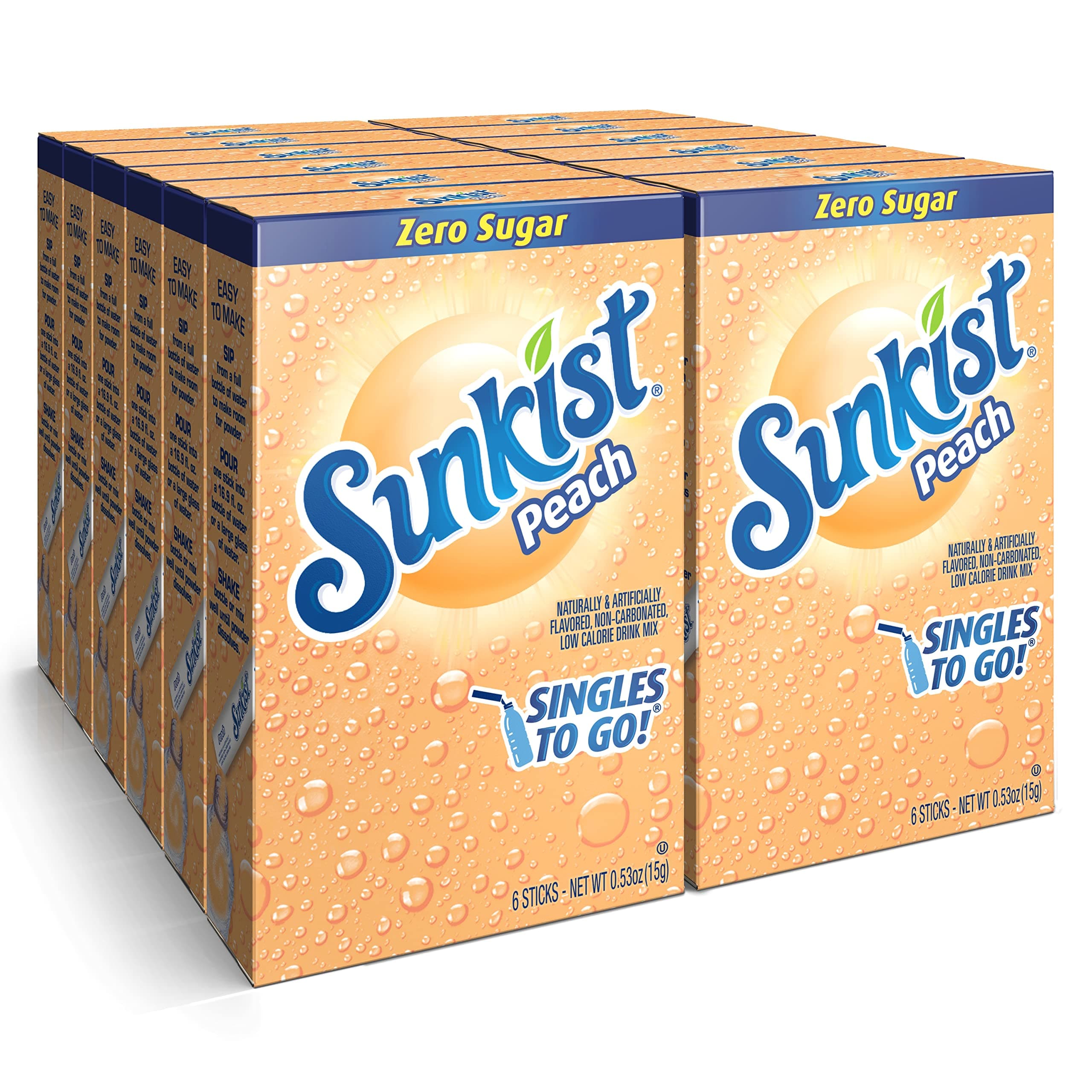 Sunkist Soda SINGLES TO GO! Drink Mix In 12 Boxes with 6 Packets Each (NonCarbonated and Sugar Free), Peach, 72 Count