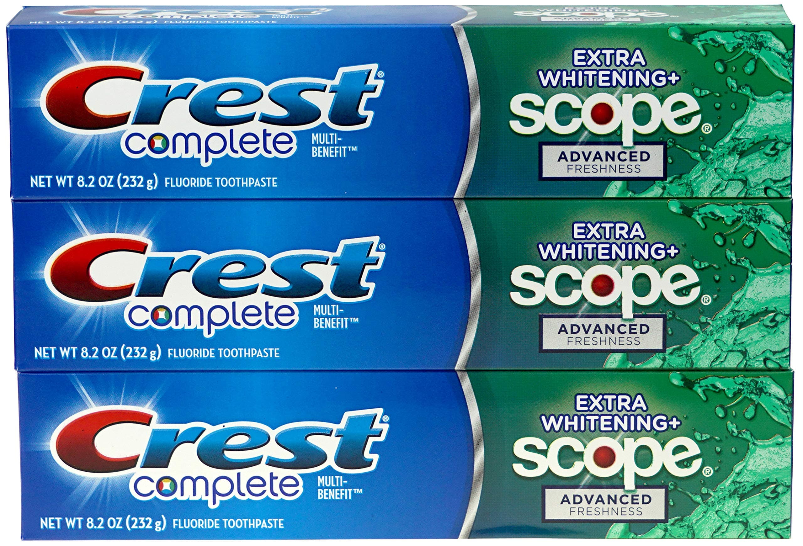 Complete Multi-Benefit Fluoride Toothpaste - Extra Whitening and Scope Advanced Freshness - 8.2 oz each, 3 count
