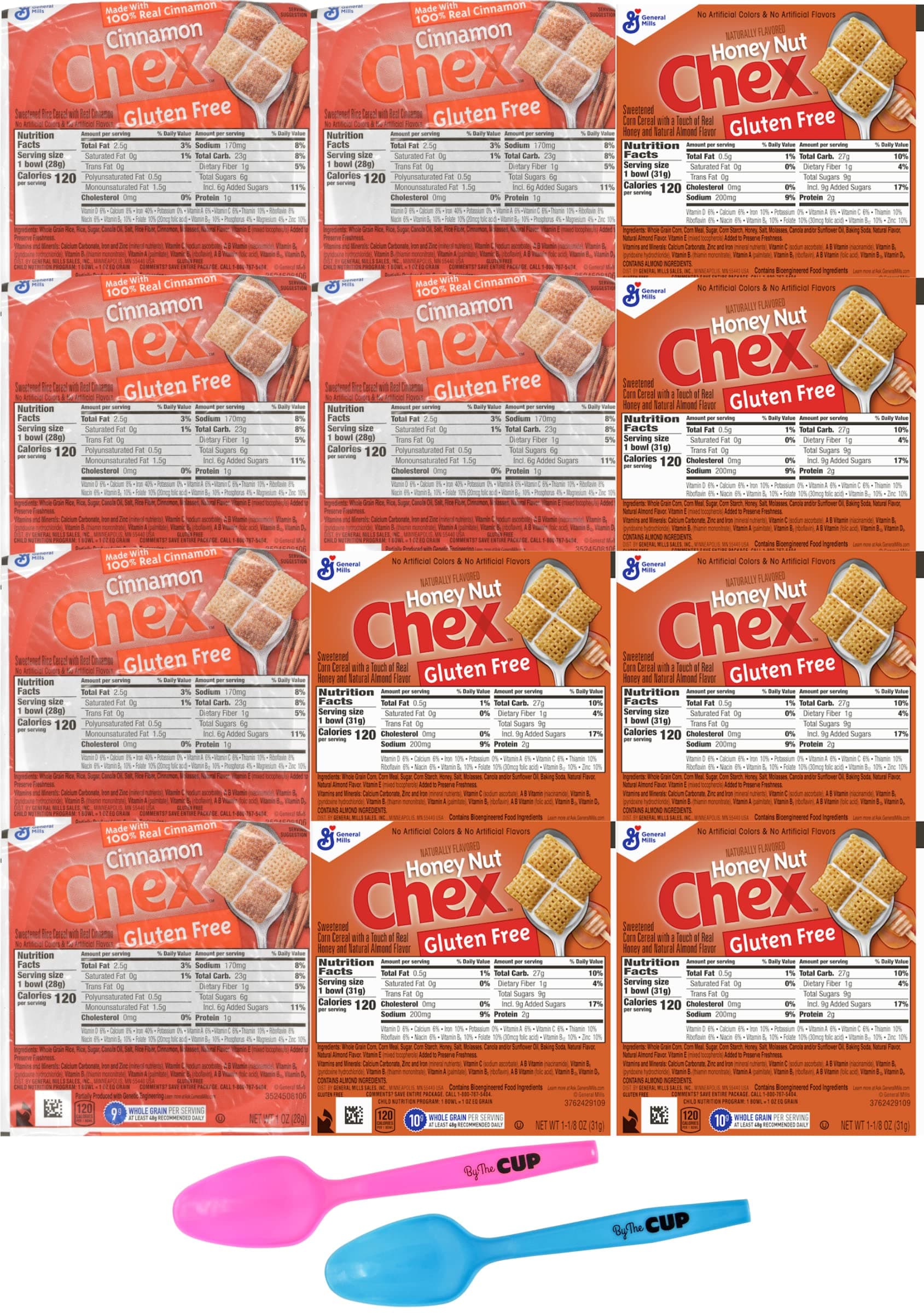 General Mills Gluten-Free Cereal Bowl Variety Pack, Honey Nut Chex and Cinnamon Chex, 6 of each (Pack of 12) with 2 By The Cup Mood Spoons