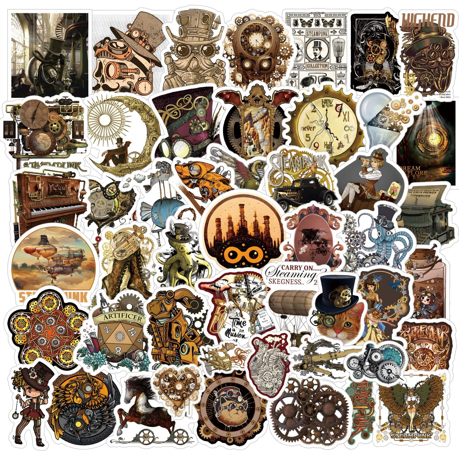 62Pcs Steampunk Stickers Pack, Cute Cartoon Vinyl Waterproof Decals for Water Bottle,Laptop,Phone,Skateboard,Scrapbooking,Journaling for Teens Kids Adults for Party Favor Supply Decor