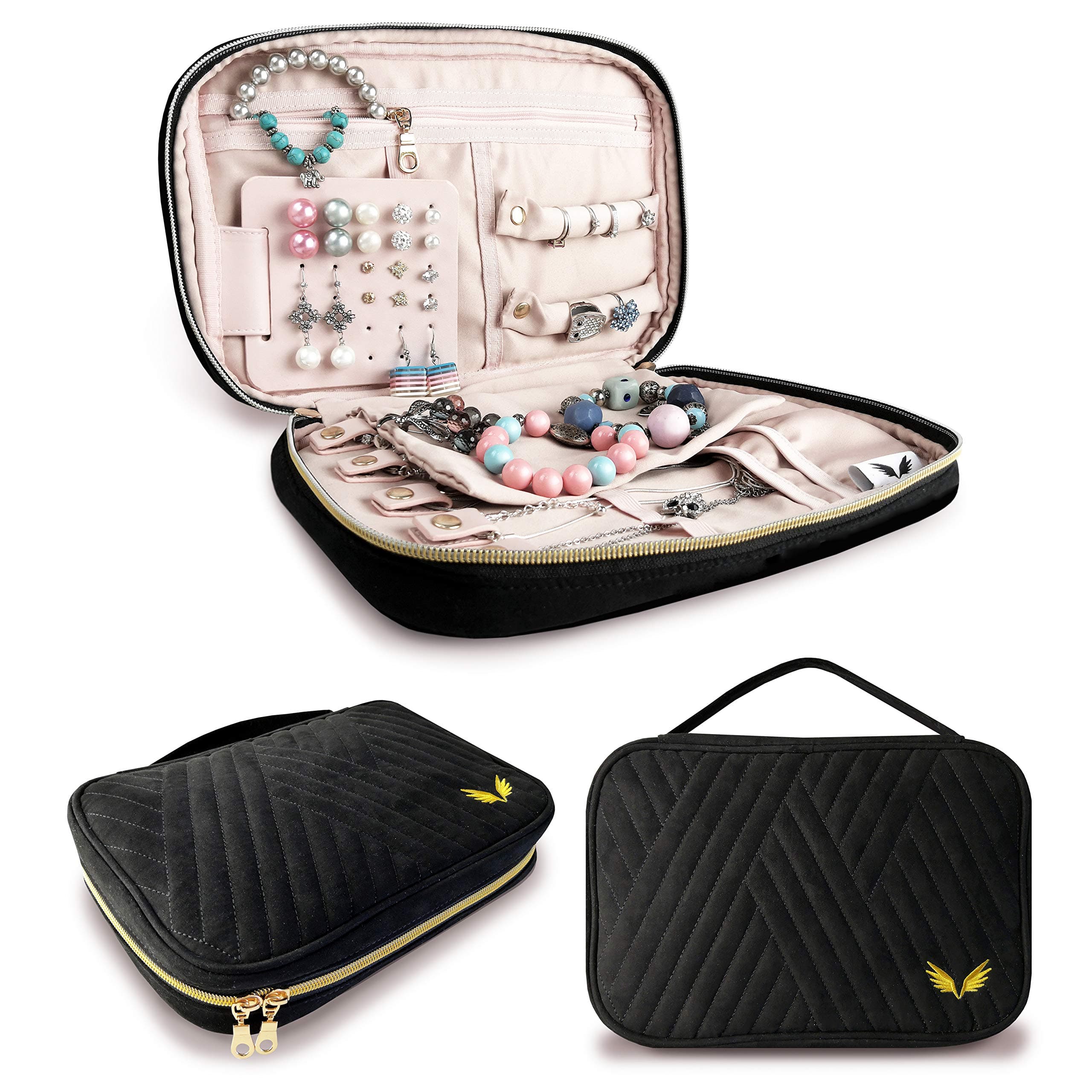 Lonsky Jewelry Travel Organizer - Best Bracelets, Earrings, Necklaces, Rings Holder - Multiple Storage Pockets with Zipper - Gift Items, Portable Travelling Accessories, Women Luggage Bags Essentials