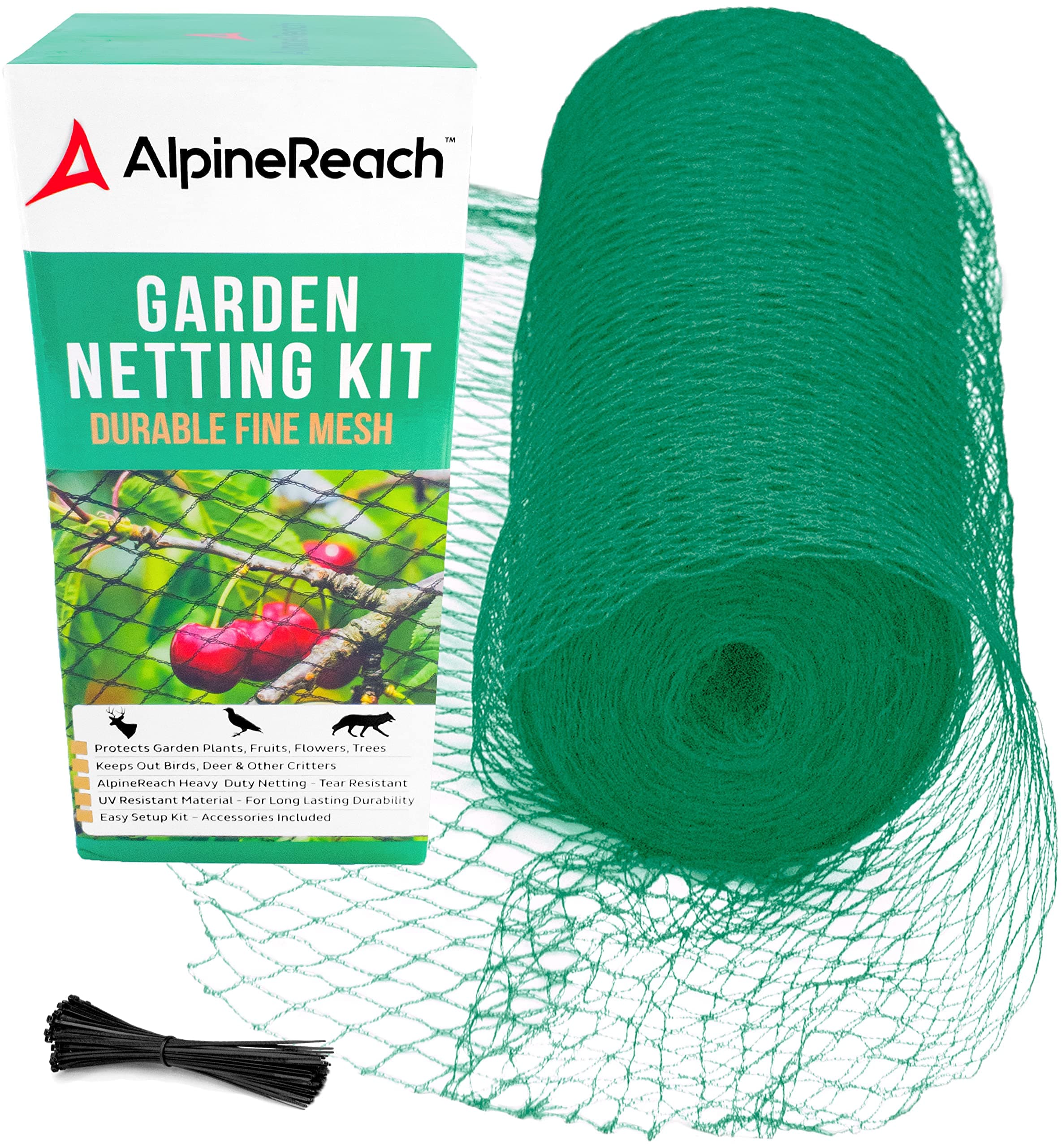 AlpineReach Garden Netting 2m x 20m Extra Strong Woven Mesh Bird Netting Heavy Duty Kit - Protect Plants & Fruit Trees Against Animals & Deer Fencing Protection - Reusable with Cable Ties, Green