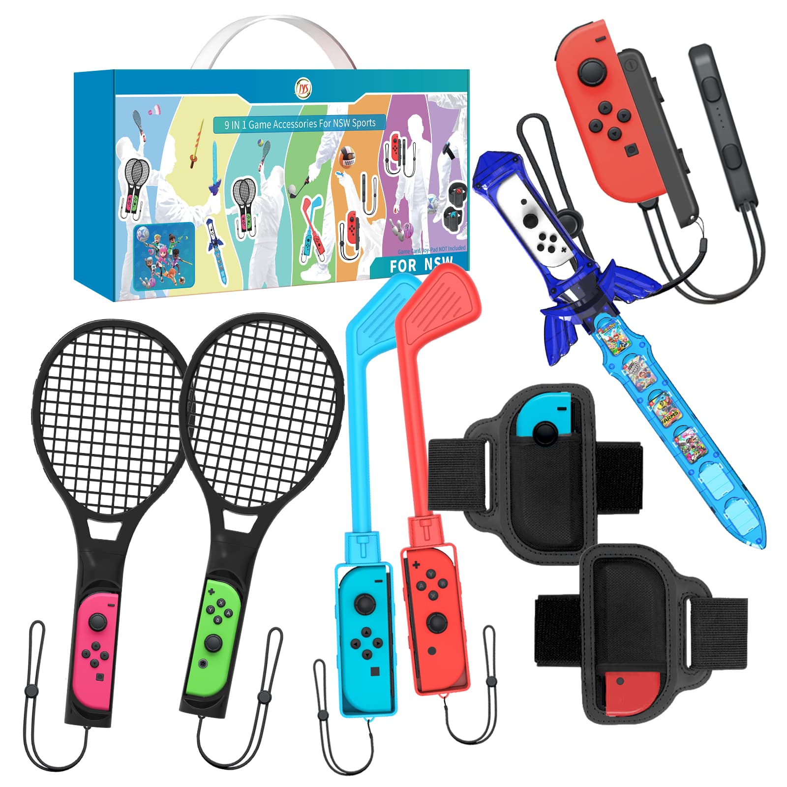 2022 Switch Sports Accessories Bundle - EJGAEM 9 in 1 Accessories Kit for Nintendo Switch & OLED : Golf Culb for Mario Golf Super Rush,JoyCon Strap,Sword,Comfort Leg Strap and Tennis Rackets