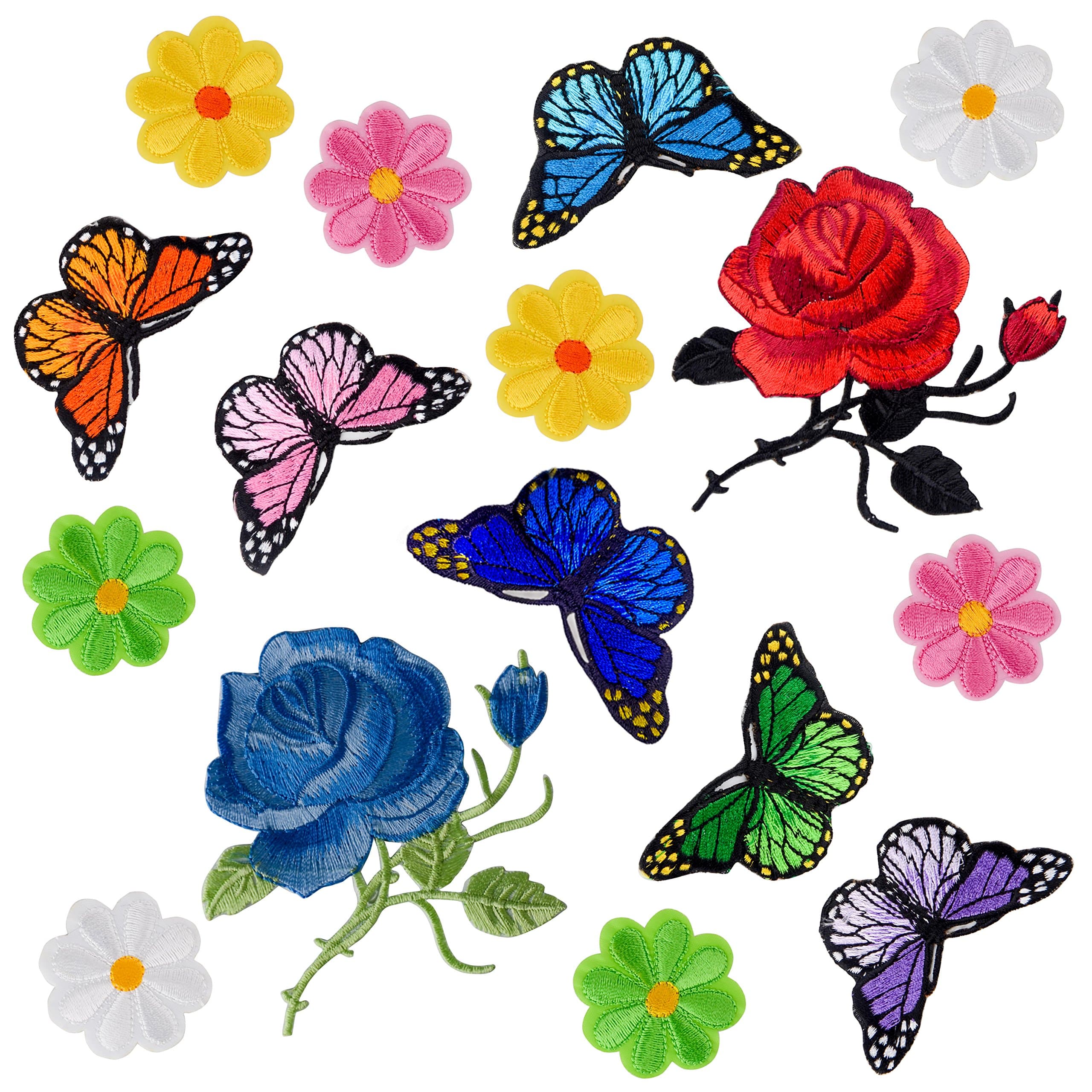 Coopay 16 Pieces Flowers Butterfly Sunflowers Iron on/Sew on Patches Rose Emb...