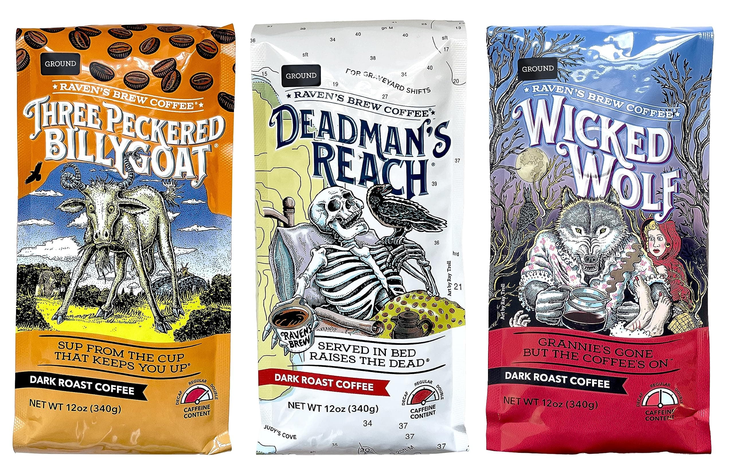 Raven's Brew Ground Coffee Variety Pack - 3 Delicious Flavors - Wicked Wolf, Three Peckered Billy Goat and Deadman's Reach - 12 oz each