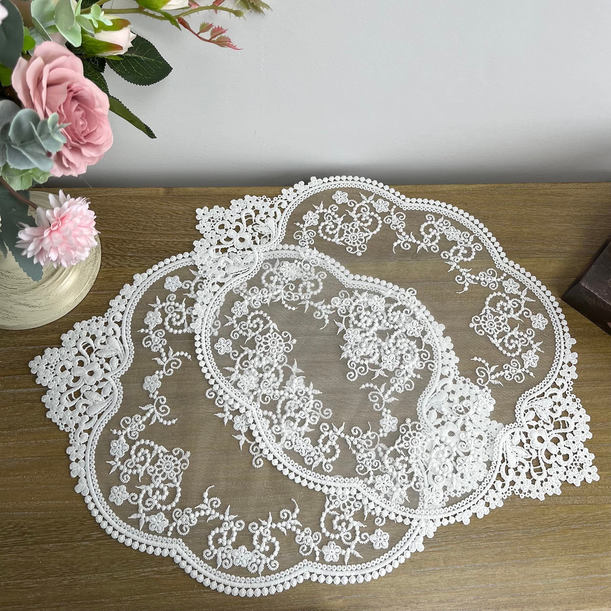 2PACK Retro French Style Lace Placemats Fashionable Floret Embroidered Lace Doilies vase mat 15”x12”,White
