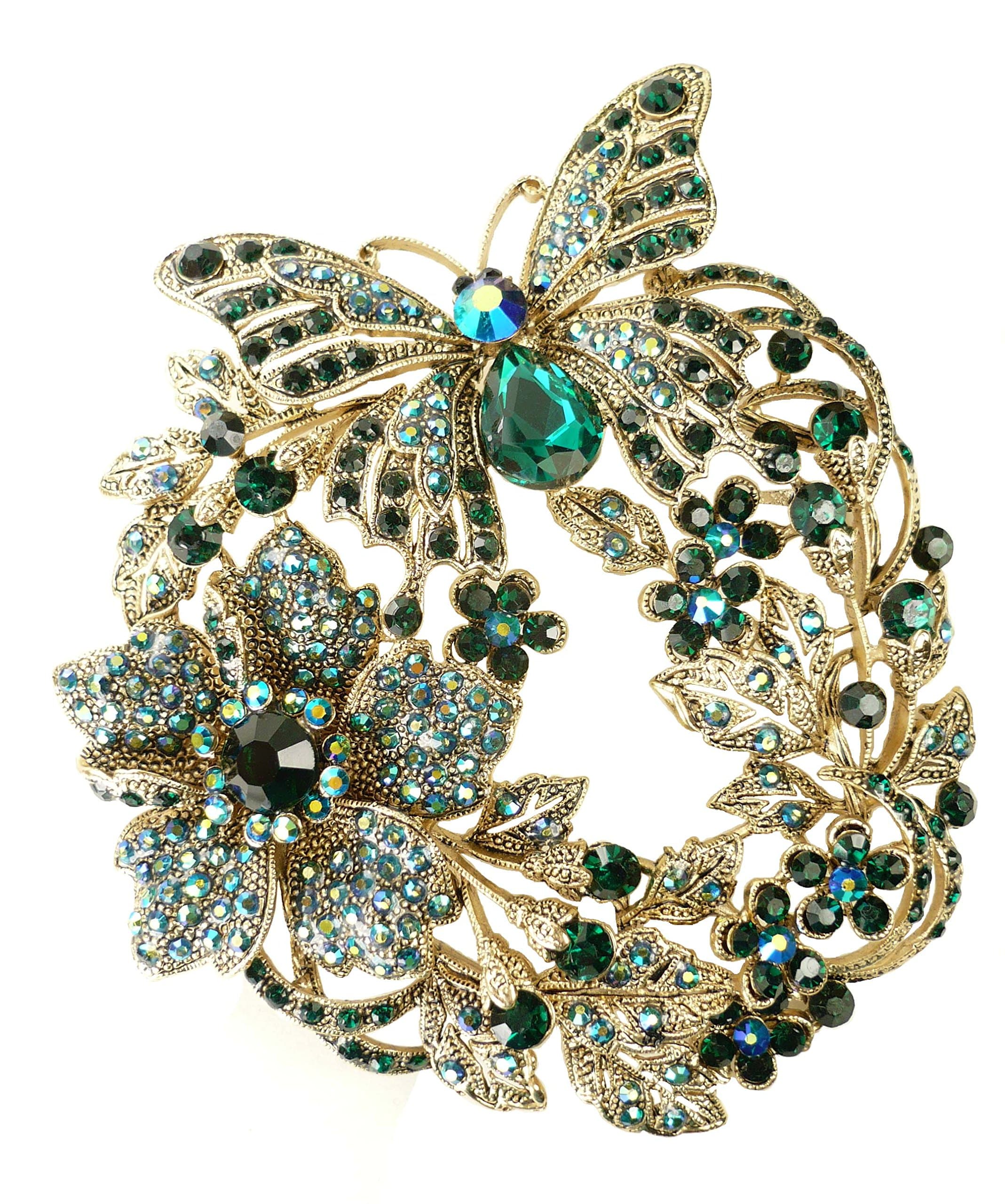 Large Blue Green Butterfly Flower Brooch Pin 131