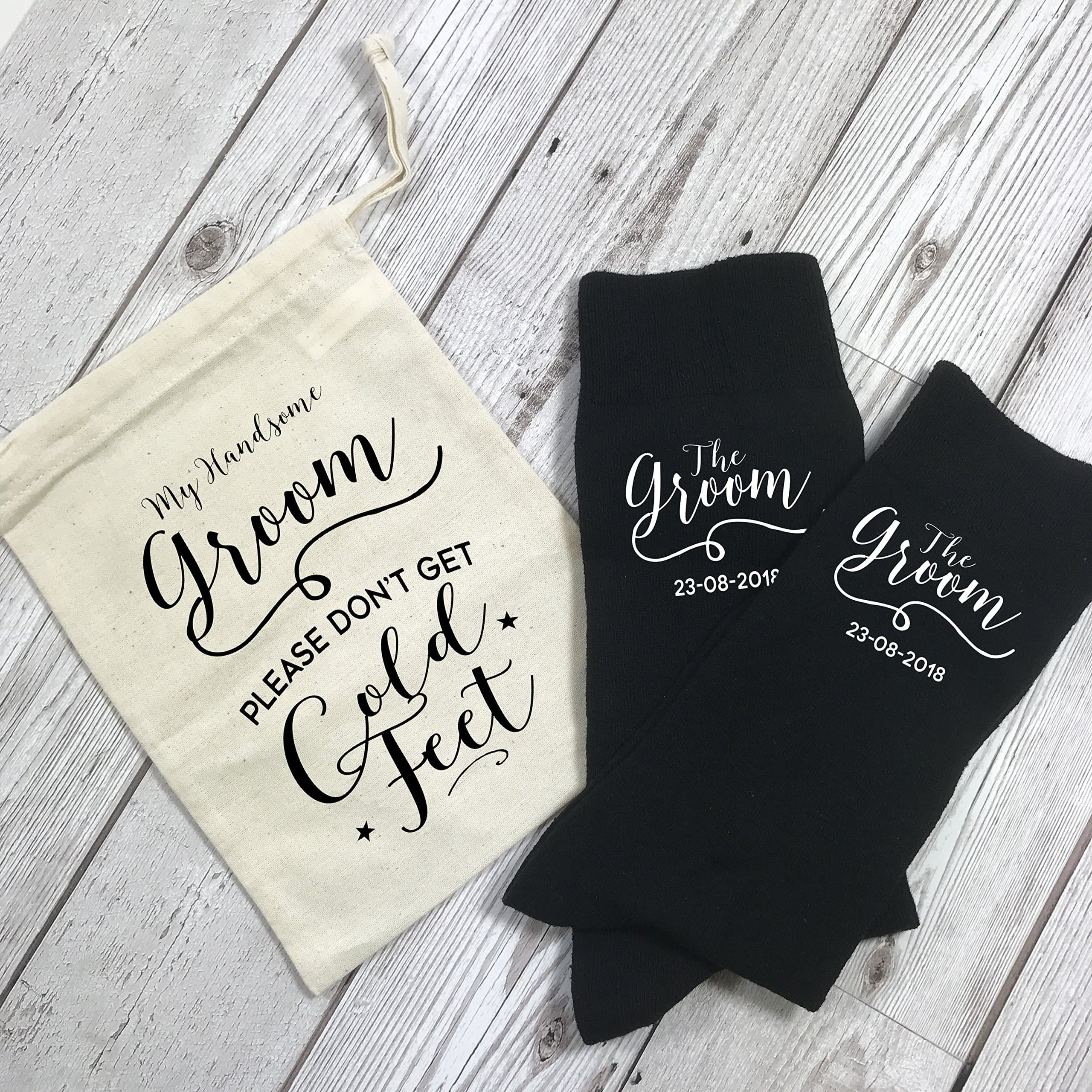 Personalised Groom Wedding Day Socks with Personalised Gift Bag Don't Get Cold Feet