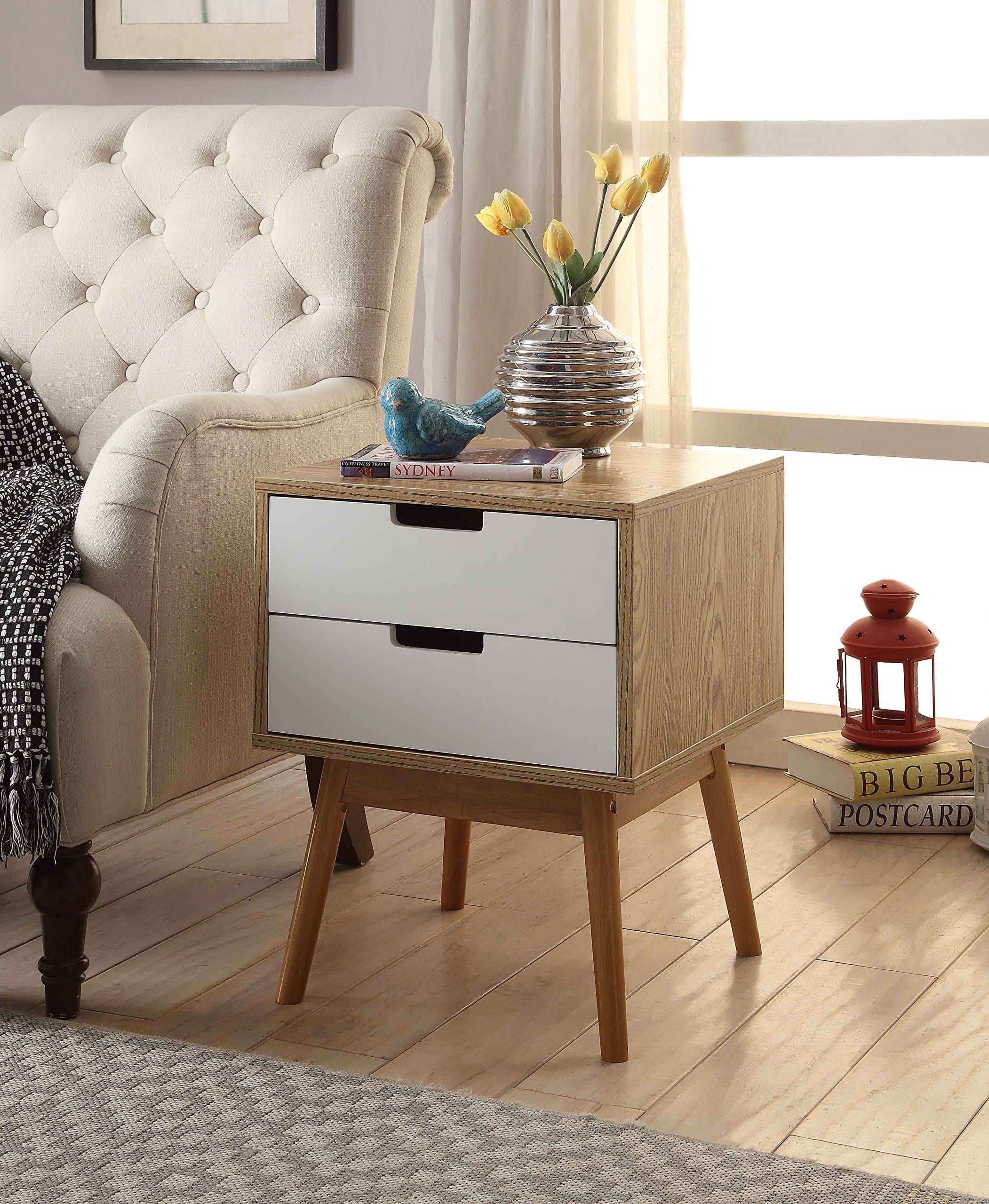 White/Ash Oak Finish Side End Table Nighstand with Two Drawer 20.5" H - Mid-Century Style