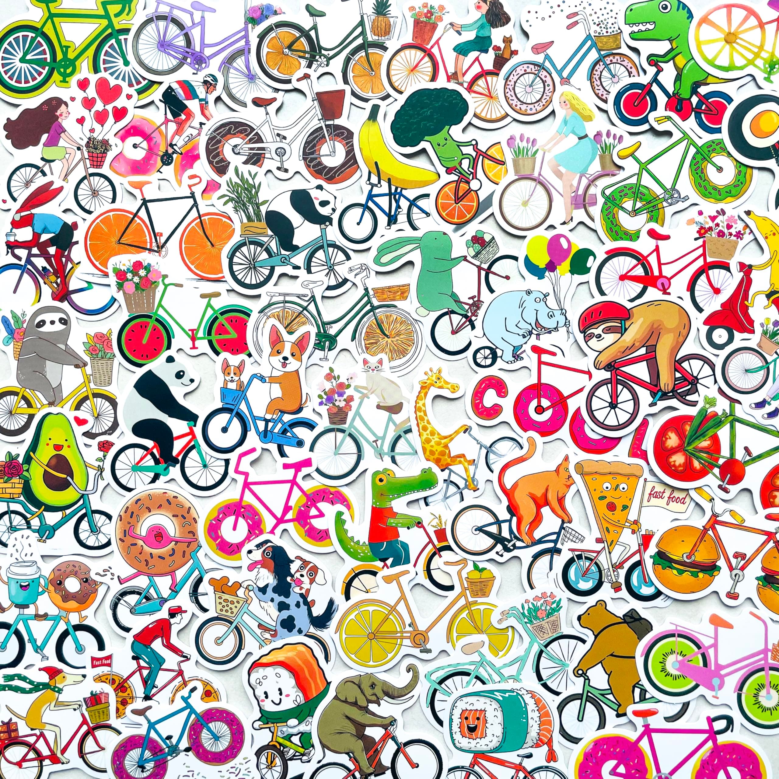 53 PCS Funny Animals Food on Bicycles Stickers – Cute Cartoon Vinyl Fruit, Veggies, Pets Riding Bikes Decals for Laptop, Scrapbook, Water Bottle, Journal, Teens, Adults