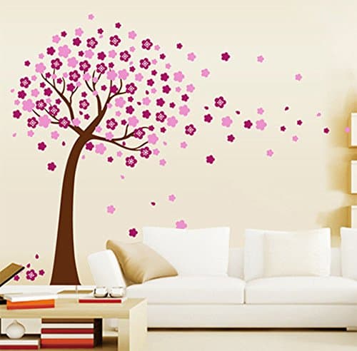 Wallpark Romantic Pink Floral Flowers Tree Removable Wall Sticker Decal, Living Room Bedroom Home Nursery Decoration Adhesive DIY Art Wall Mural
