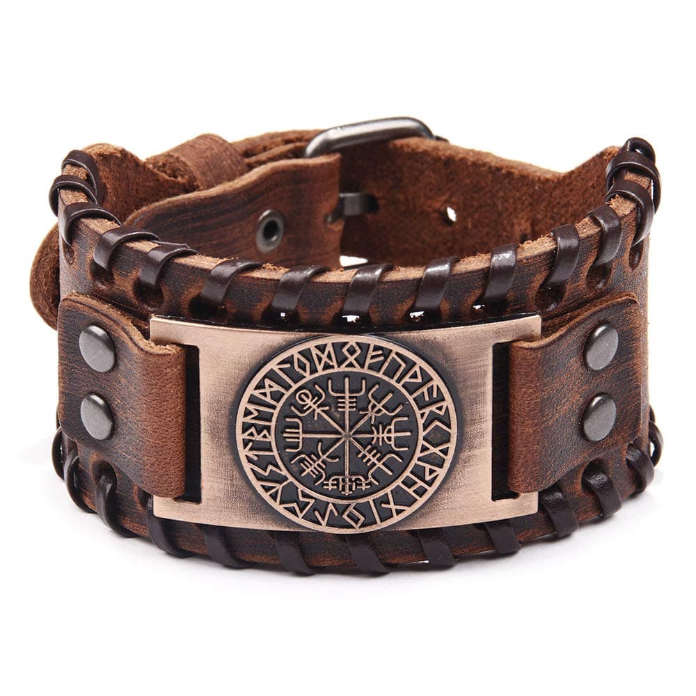 HLARK Viking Vegvisir Campass Wide Cuff Leather Bracelet for Men Women Vintage Nordic Runes Amulet Jewellery