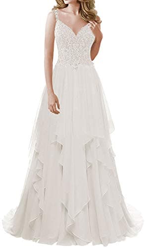 Wedding Dress for Bride Lace Bridal Dresses Beach Ruffles A line Wedding Gown with Straps Bridal Gown