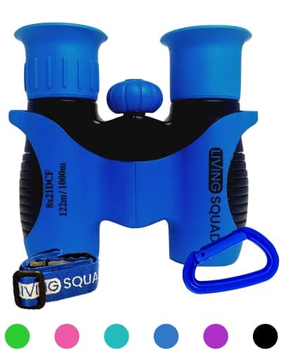 Living Squad Kids Blue Binoculars 8x21 - Kids Age 3-12, Shock Proof Compact Binoculars Set with High Resolution Optics Toys for Bird Watching, Stargazing, Hunting, Hiking, with Case, Neck Strap
